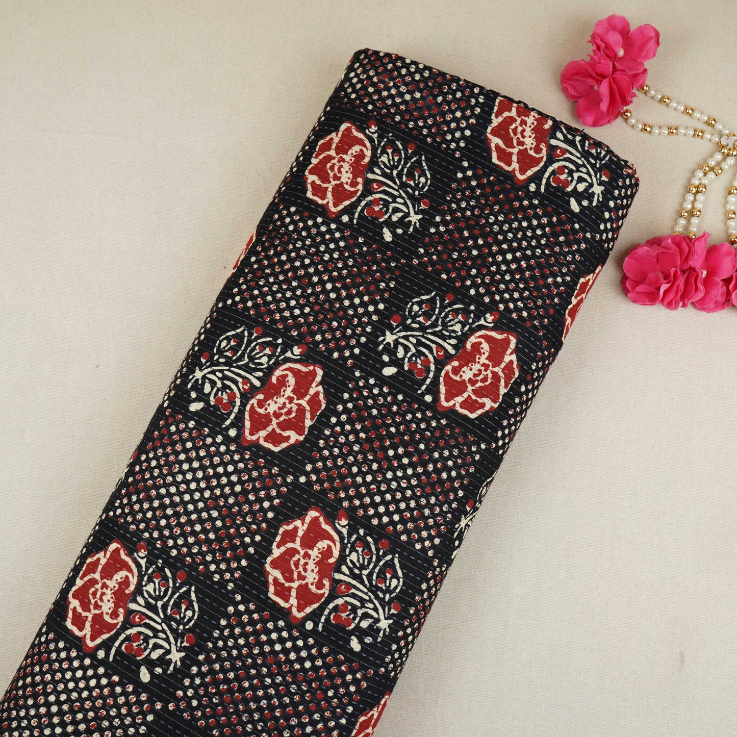 Black & Red Ajrakh with Kantha Print Cotton Fabric OG-30289