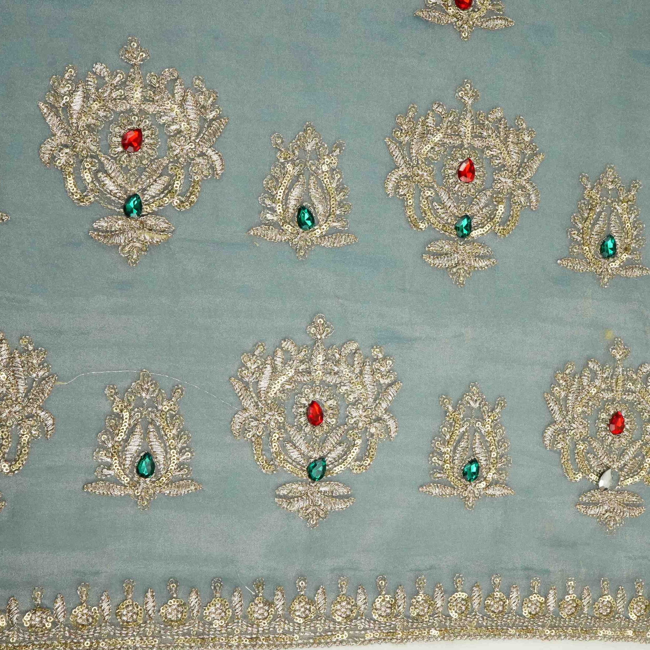 Blue Stone Zari Embroidery Fendi Silk Fabric JD-33430