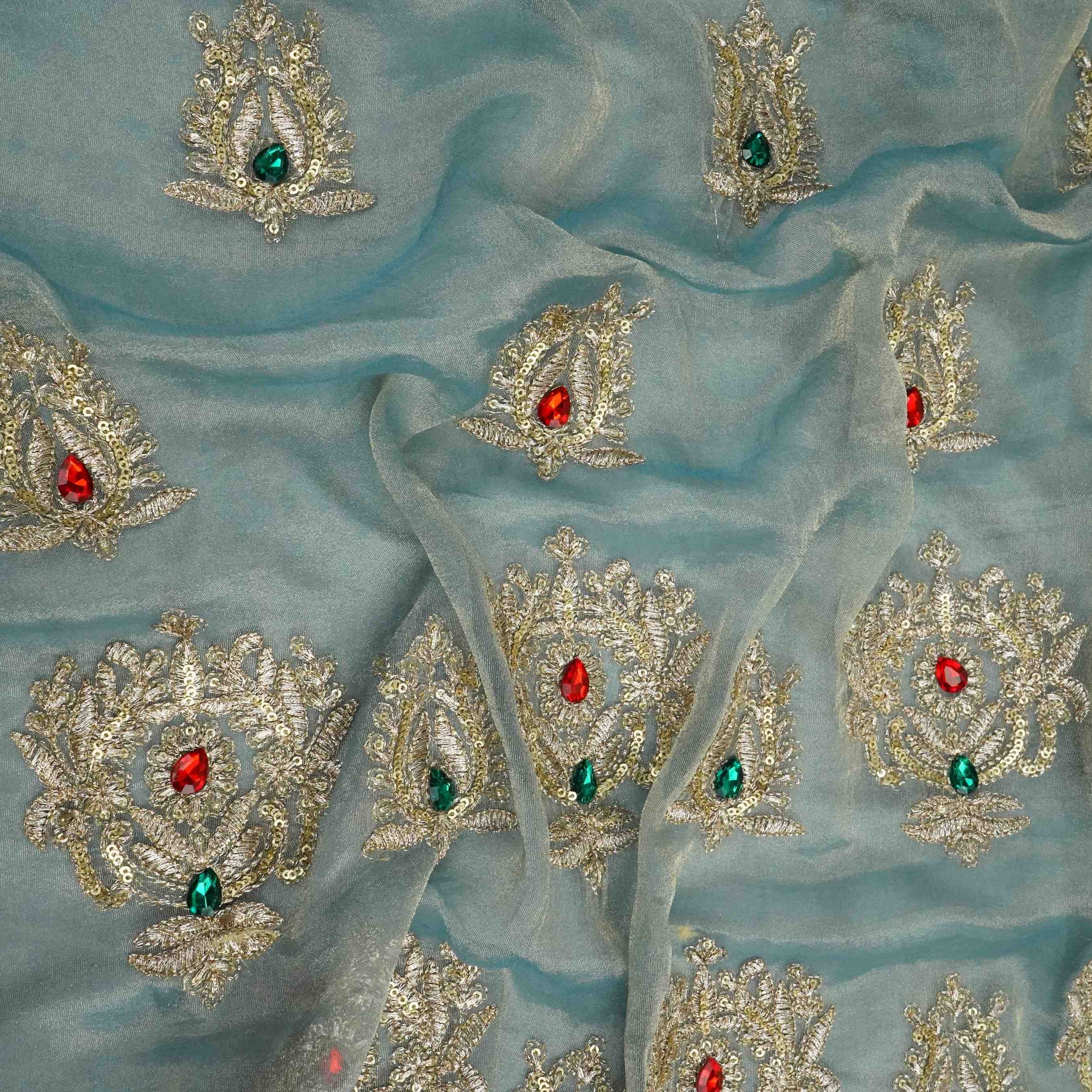 Blue Stone Zari Embroidery Fendi Silk Fabric JD-33430