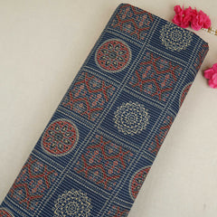 Dark Blue Ajrakh with Kantha Print Cotton Fabric OG-30427