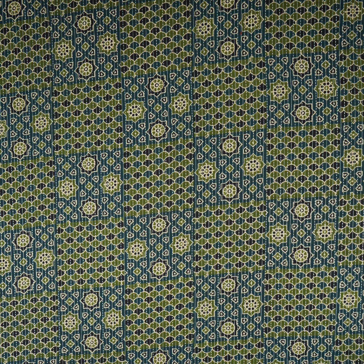 Dark Blue Ajrakh with Kantha Print Cotton Fabric OG-30297