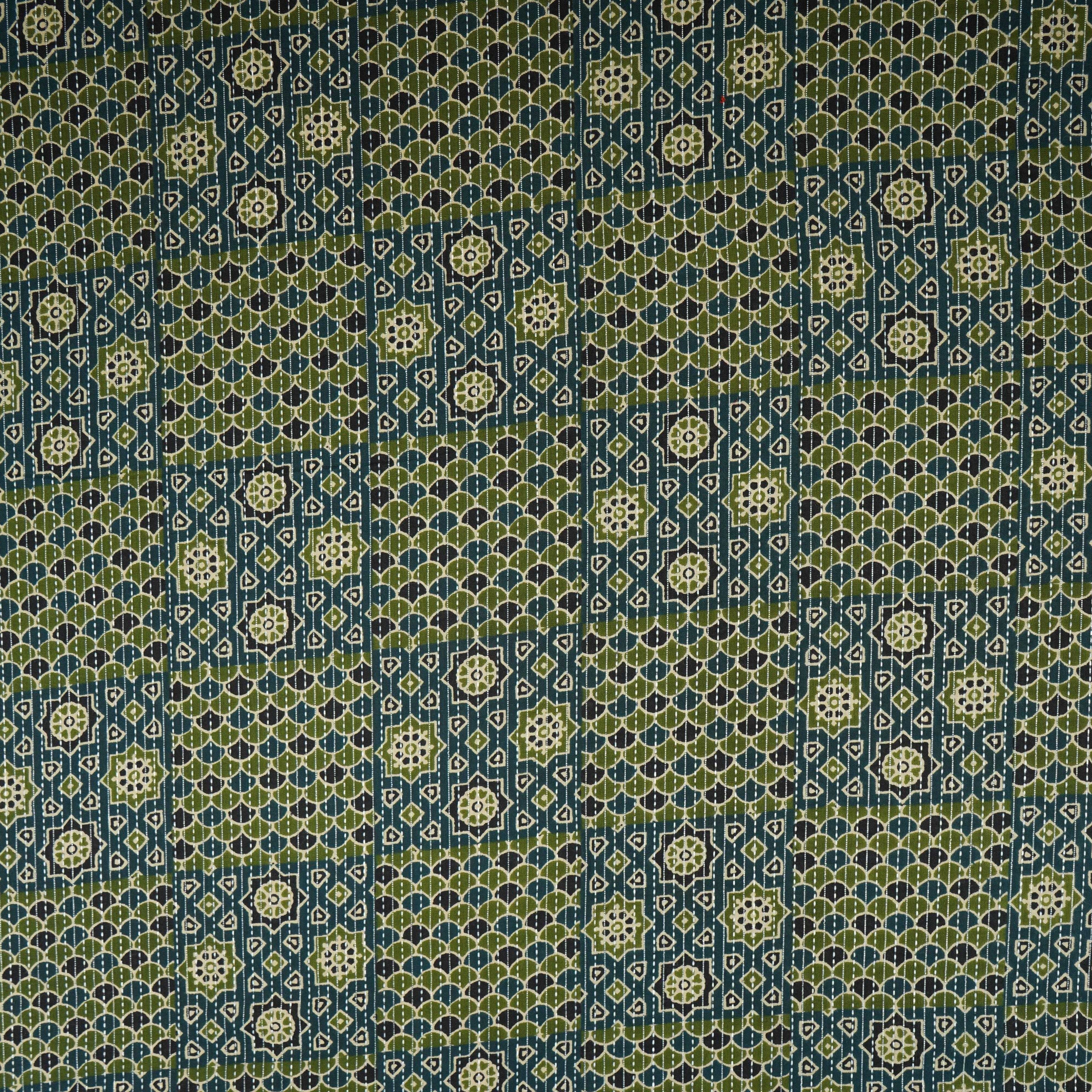 Dark Blue Ajrakh with Kantha Print Cotton Fabric OG-30297 - TradeUNO