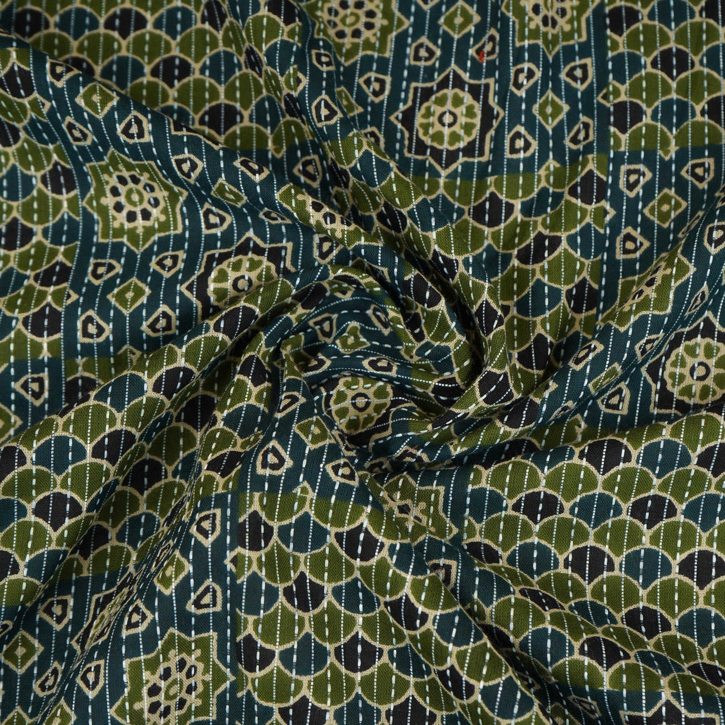 Dark Blue Ajrakh with Kantha Print Cotton Fabric OG-30297