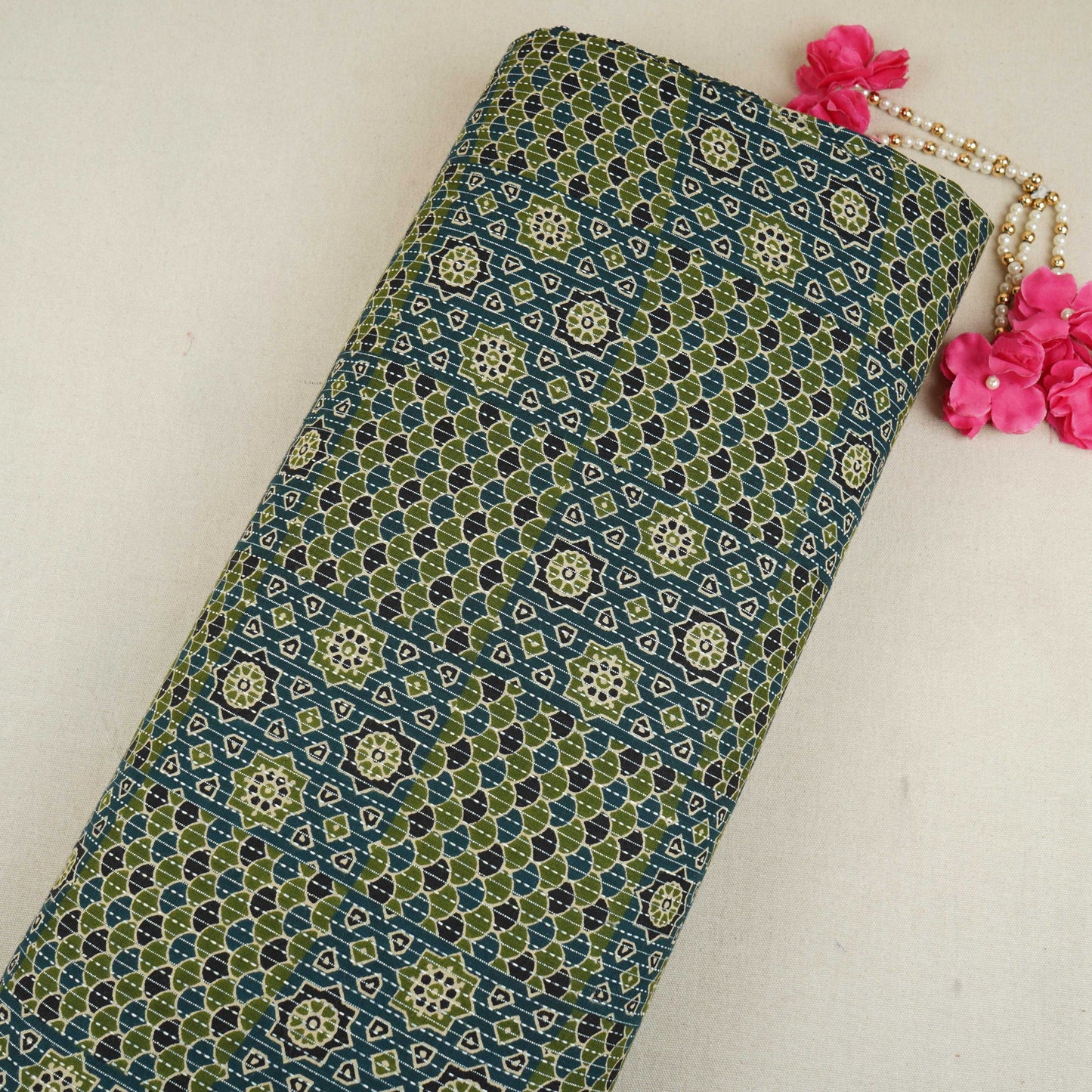 Dark Blue Ajrakh with Kantha Print Cotton Fabric OG-30297