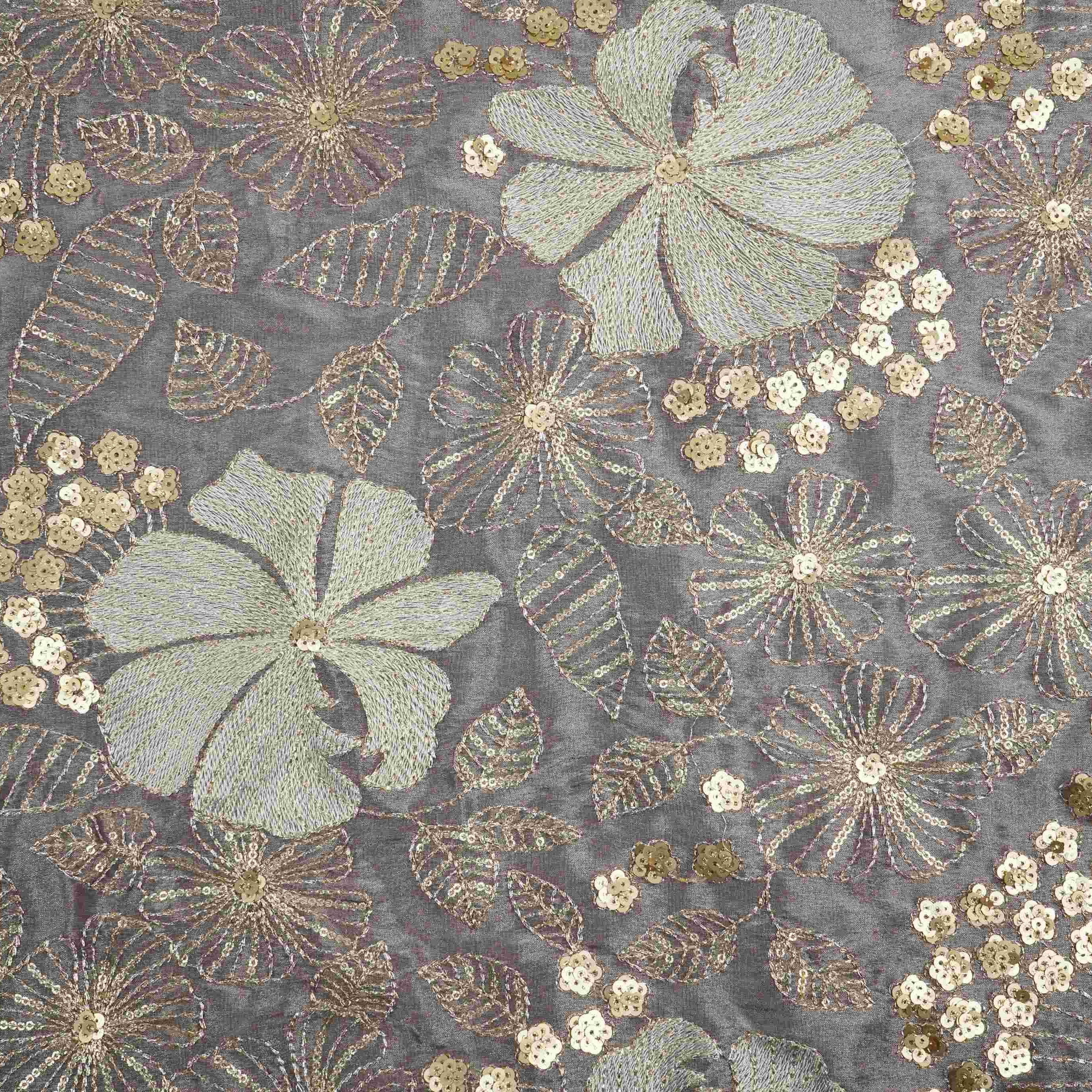 Purple Floral Sequins Zari Embroidery Fendi Silk Fabric JD-33438