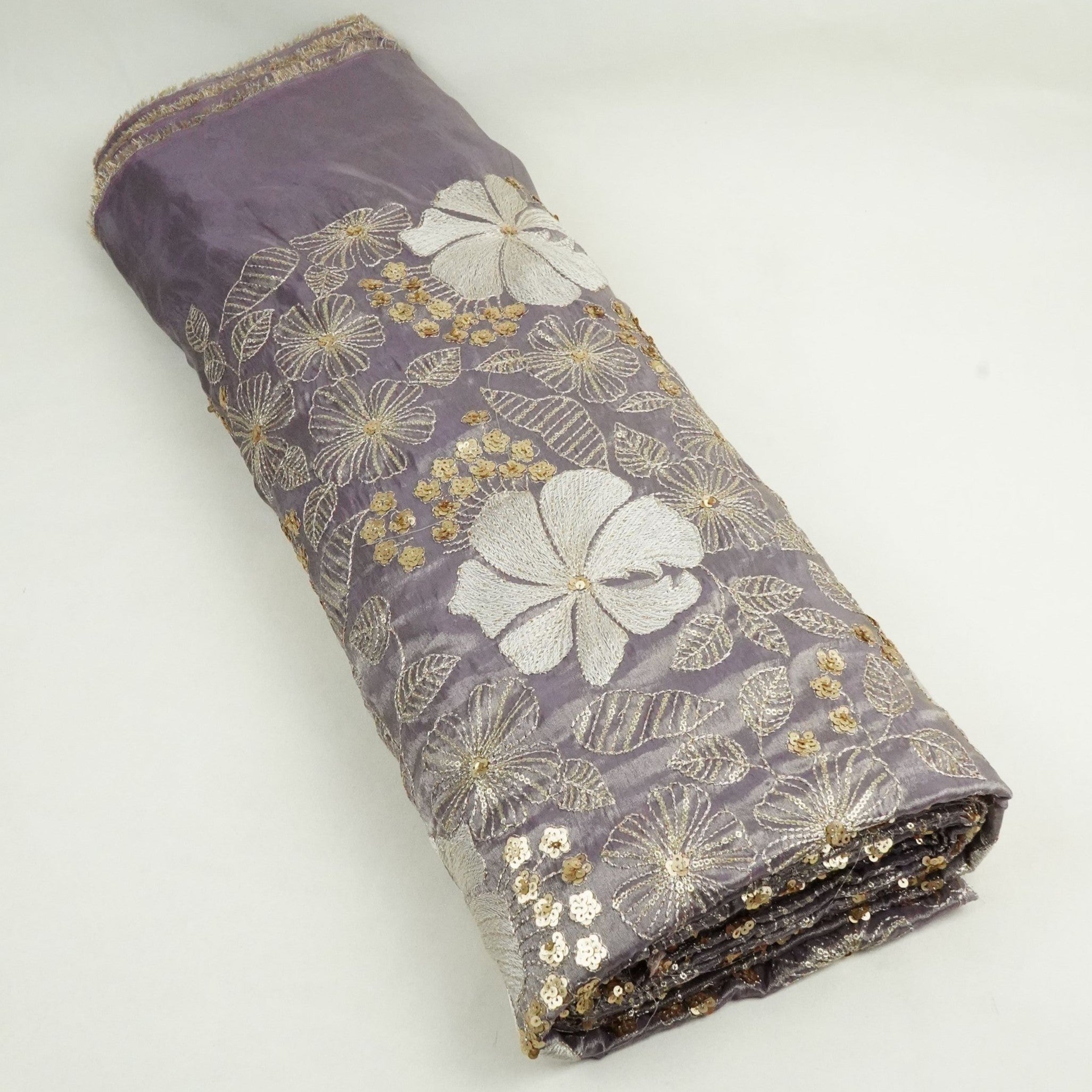 Purple Floral Sequins Zari Embroidery Fendi Silk Fabric JD-33438