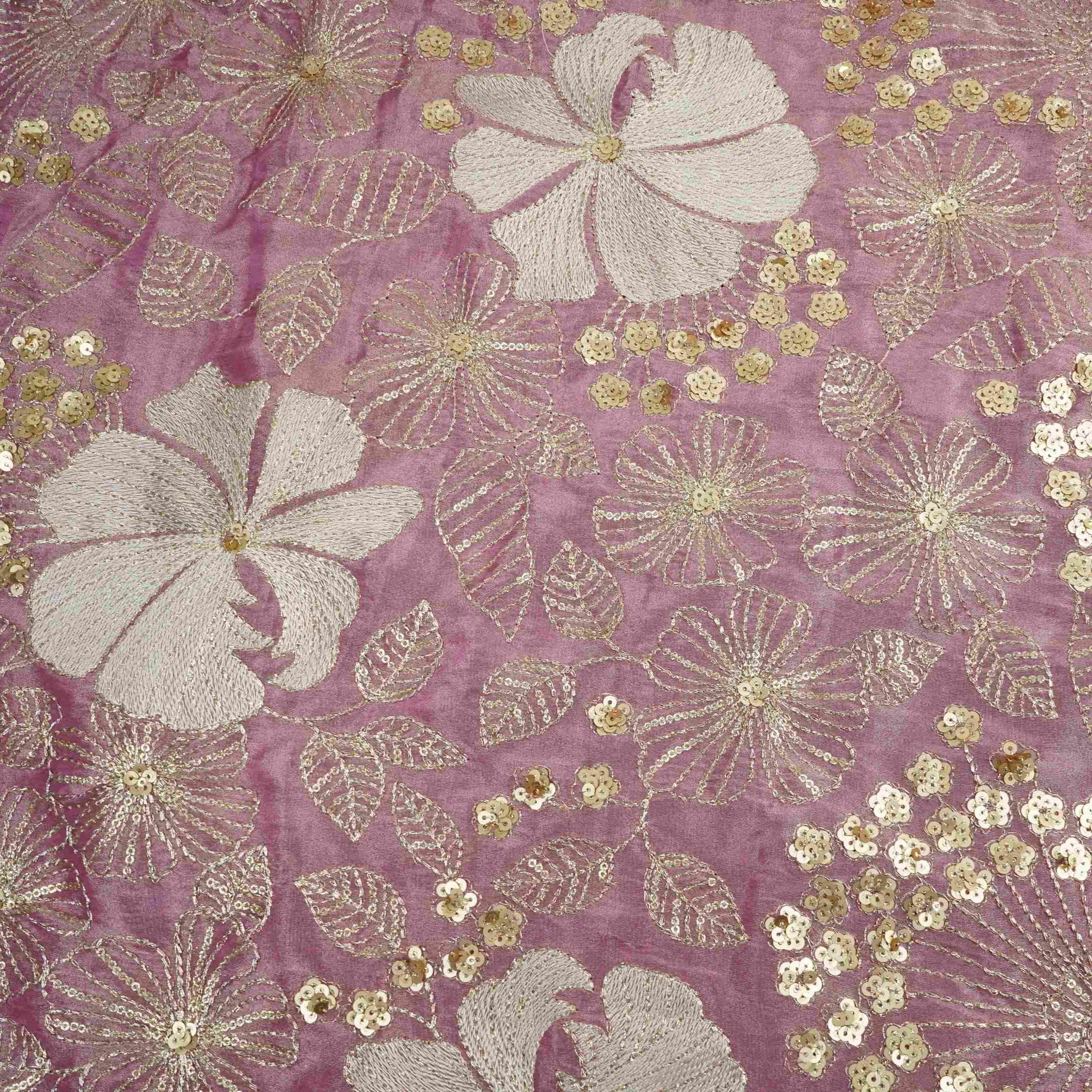 Pink Floral Sequins Zari Embroidery Fendi Silk Fabric JD-33436