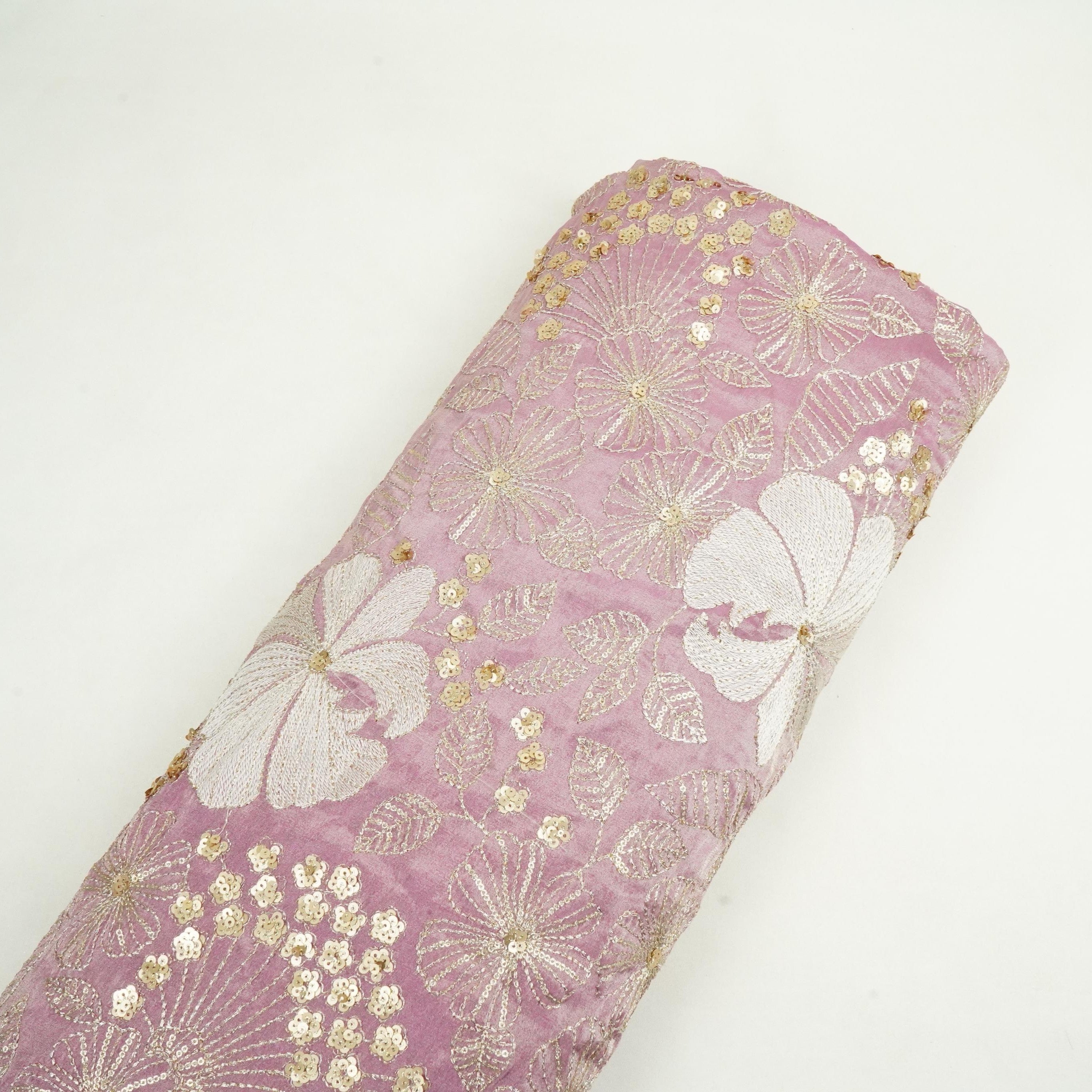 Pink Floral Sequins Zari Embroidery Fendi Silk Fabric JD-33436