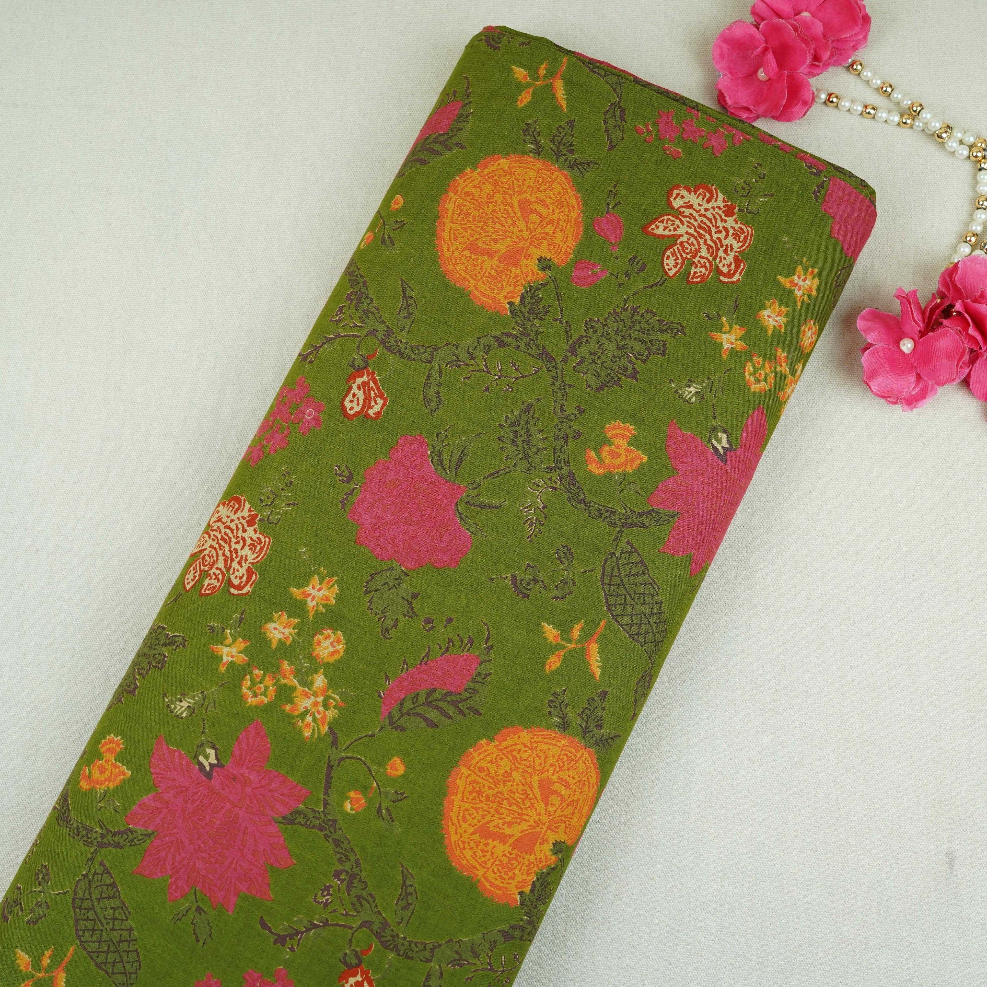Green Floral Print Cotton Fabric OG-30414 - TradeUNO