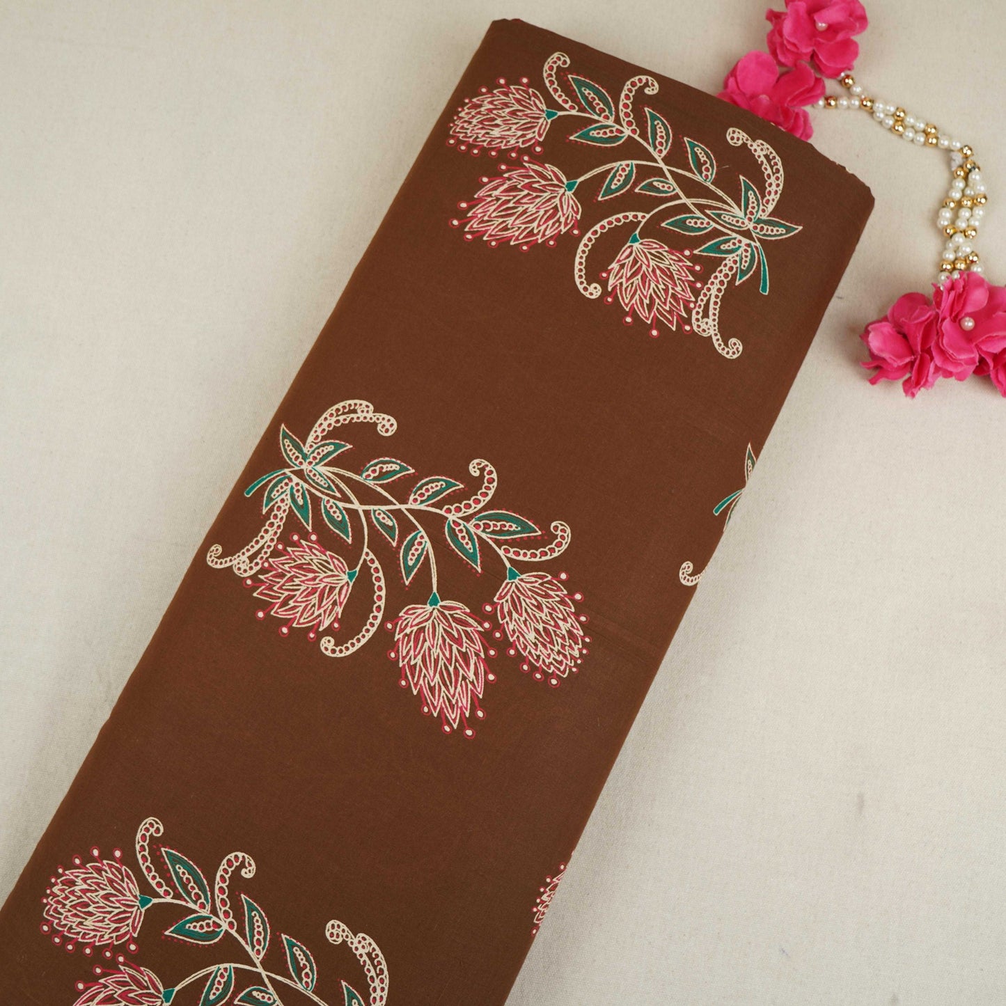 Brown with White Floral Print Cotton Fabric OG-30423