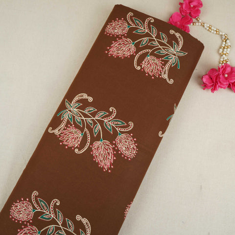 Brown with White Floral Print Cotton Fabric OG-30423
