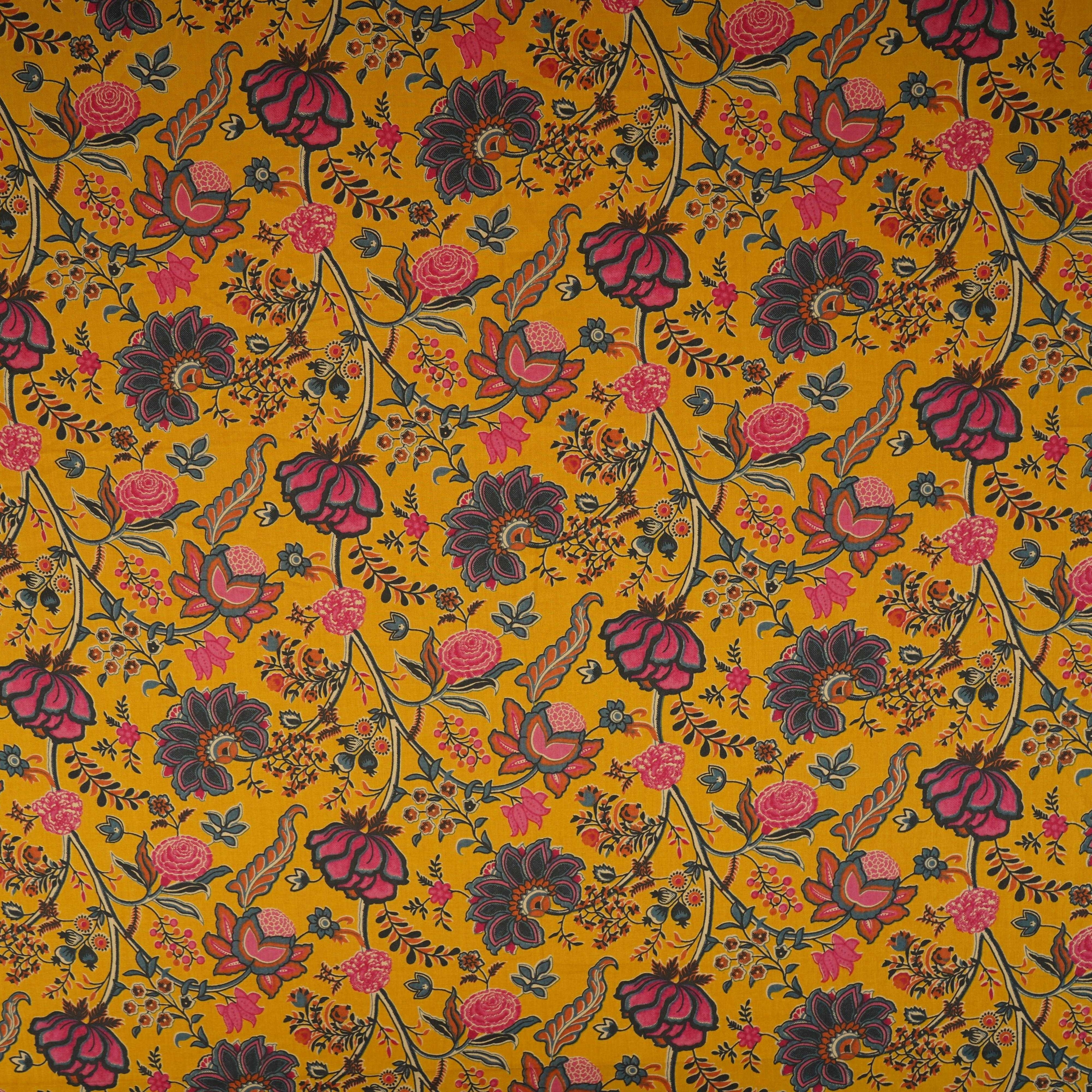 Mustard Yellow Chintz Floral Print Cotton Fabric OG-30331 - TradeUNO