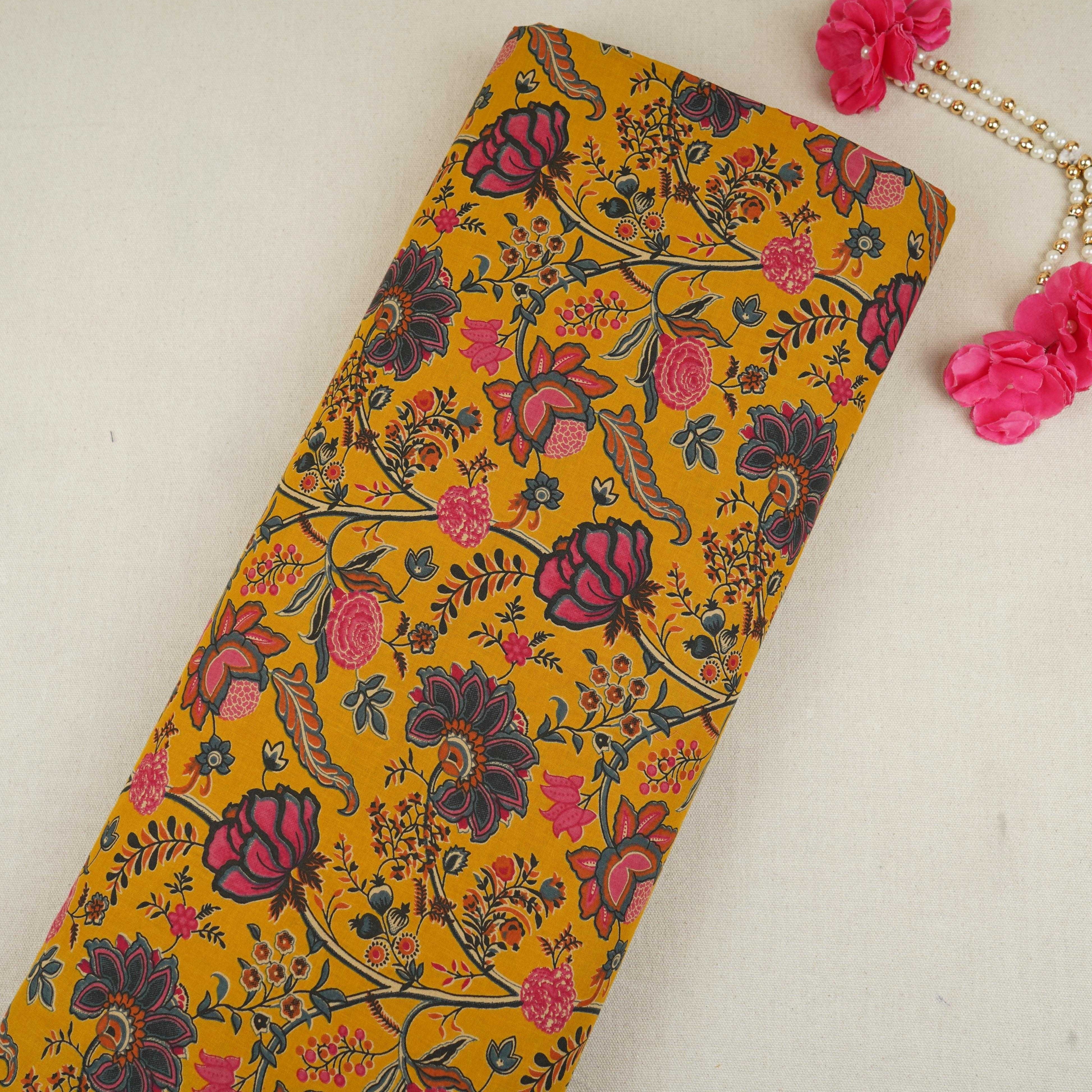 Mustard Yellow Chintz Floral Print Cotton Fabric OG-30331 - TradeUNO