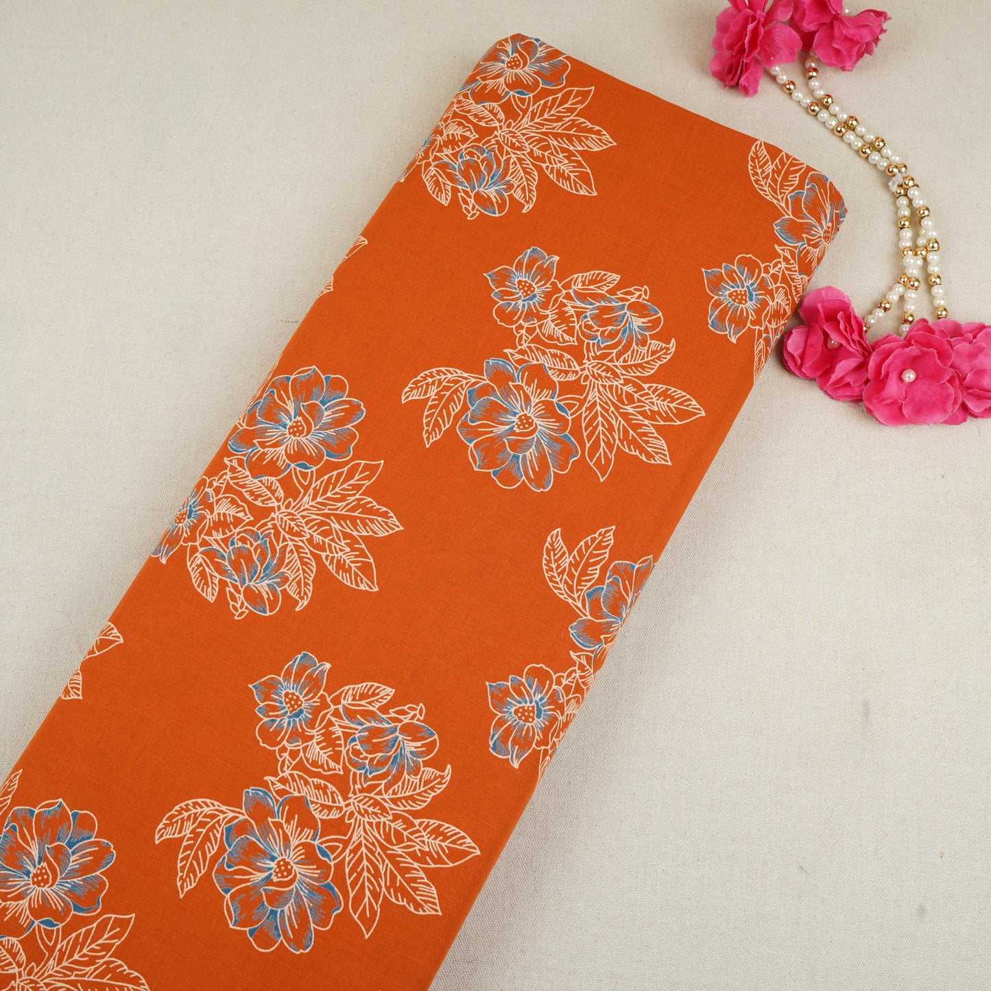 Orange Floral Print Cotton Fabric OG-30422