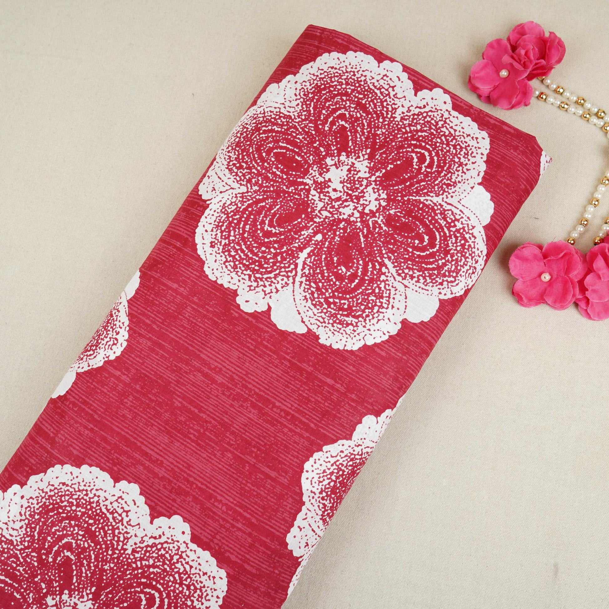 Maroon & White Floral Applique Print Cotton Fabric OG-30416 - TradeUNO