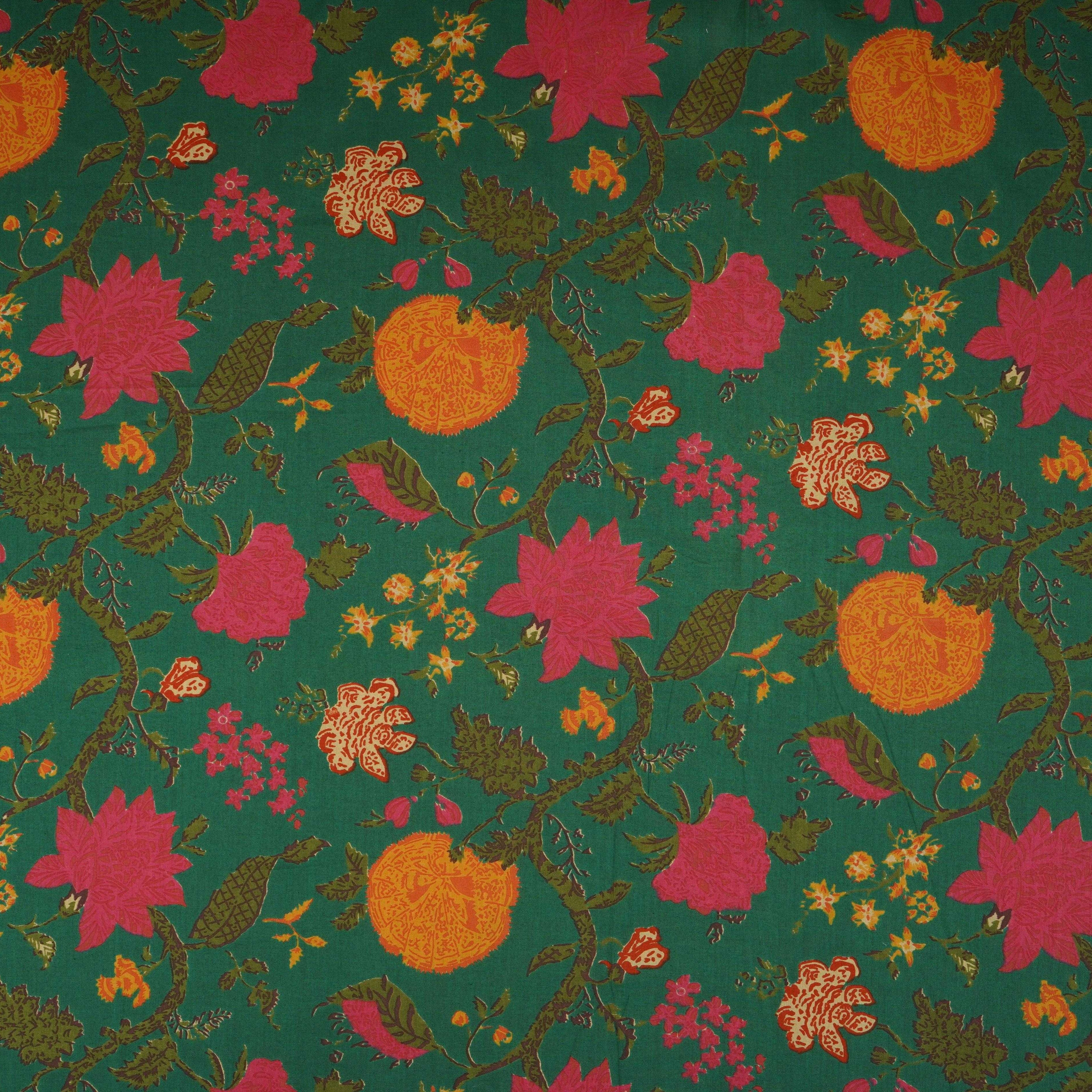 Dark Green Floral Print Cotton Fabric OG-30413 - TradeUNO