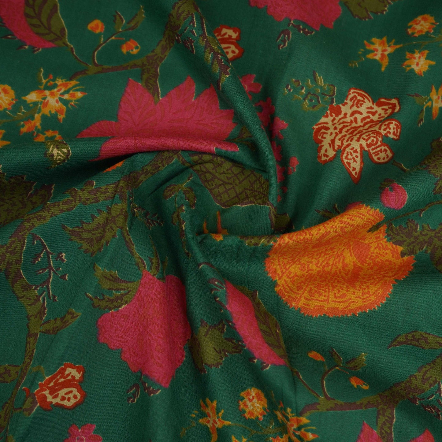 Dark Green Floral Print Cotton Fabric OG-30413