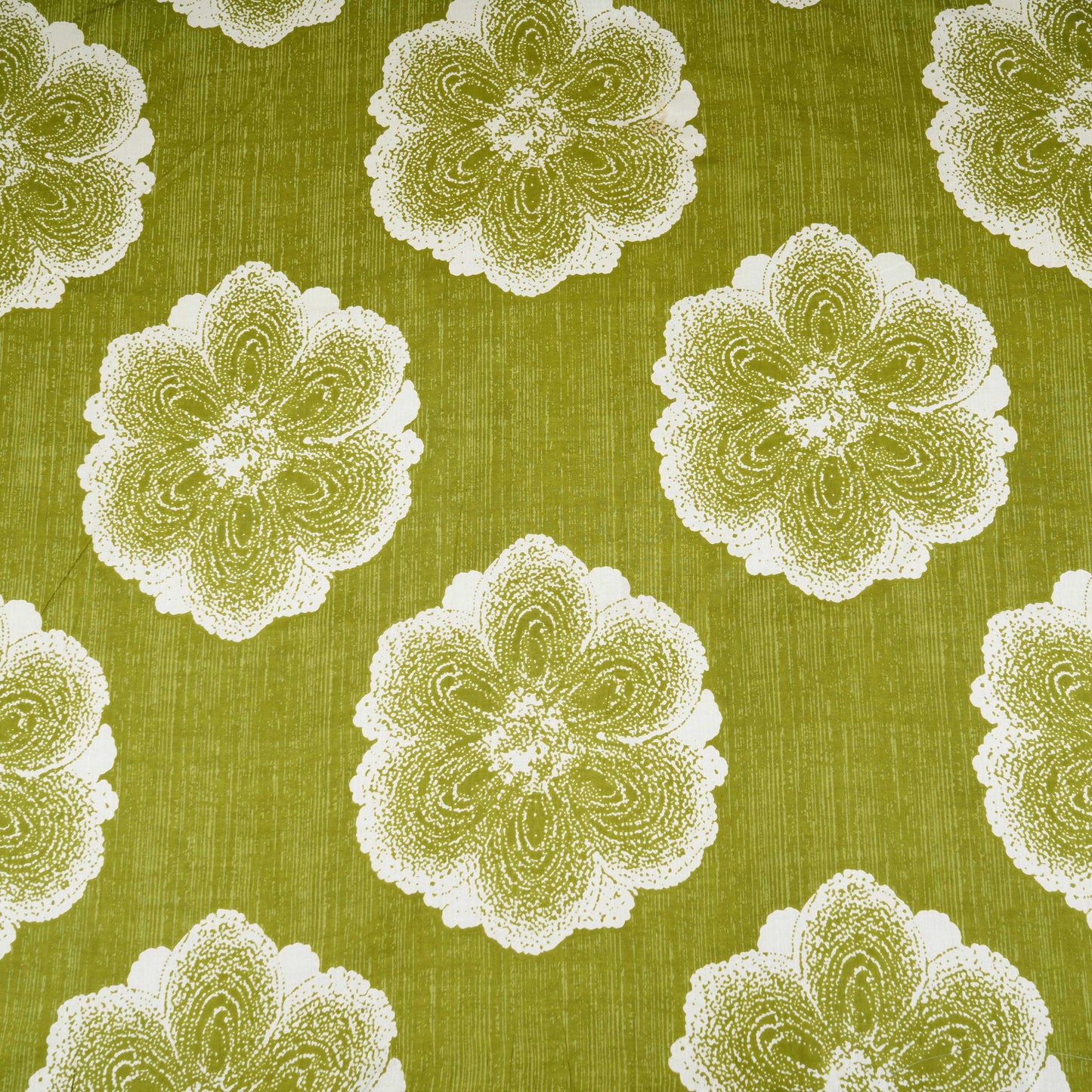 Olive Green & White Floral Applique Print Cotton Fabric OG-30415