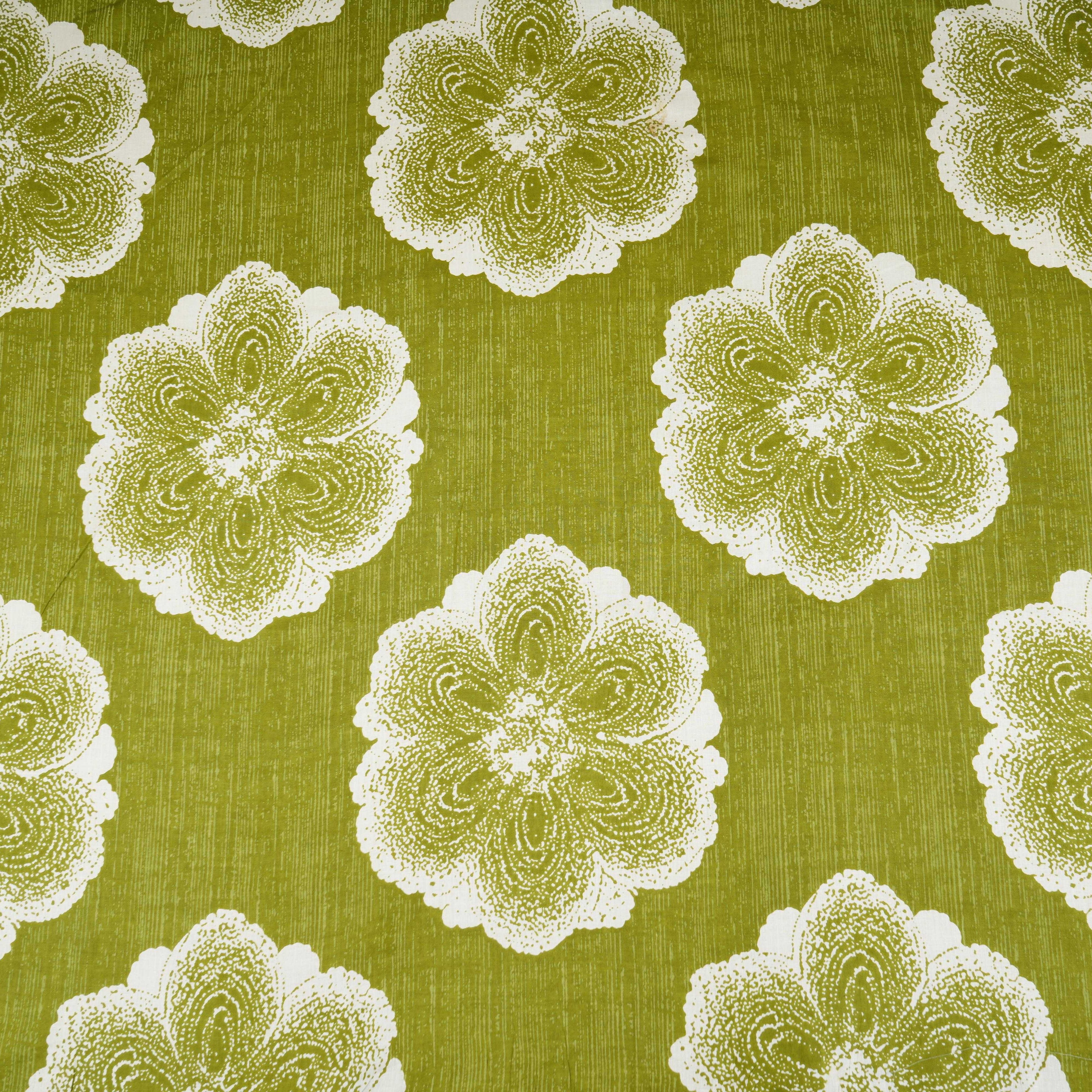 Olive Green & White Floral Applique Print Cotton Fabric OG-30415 - TradeUNO