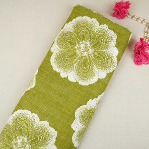 Olive Green & White Floral Applique Print Cotton Fabric OG-30415 - TradeUNO