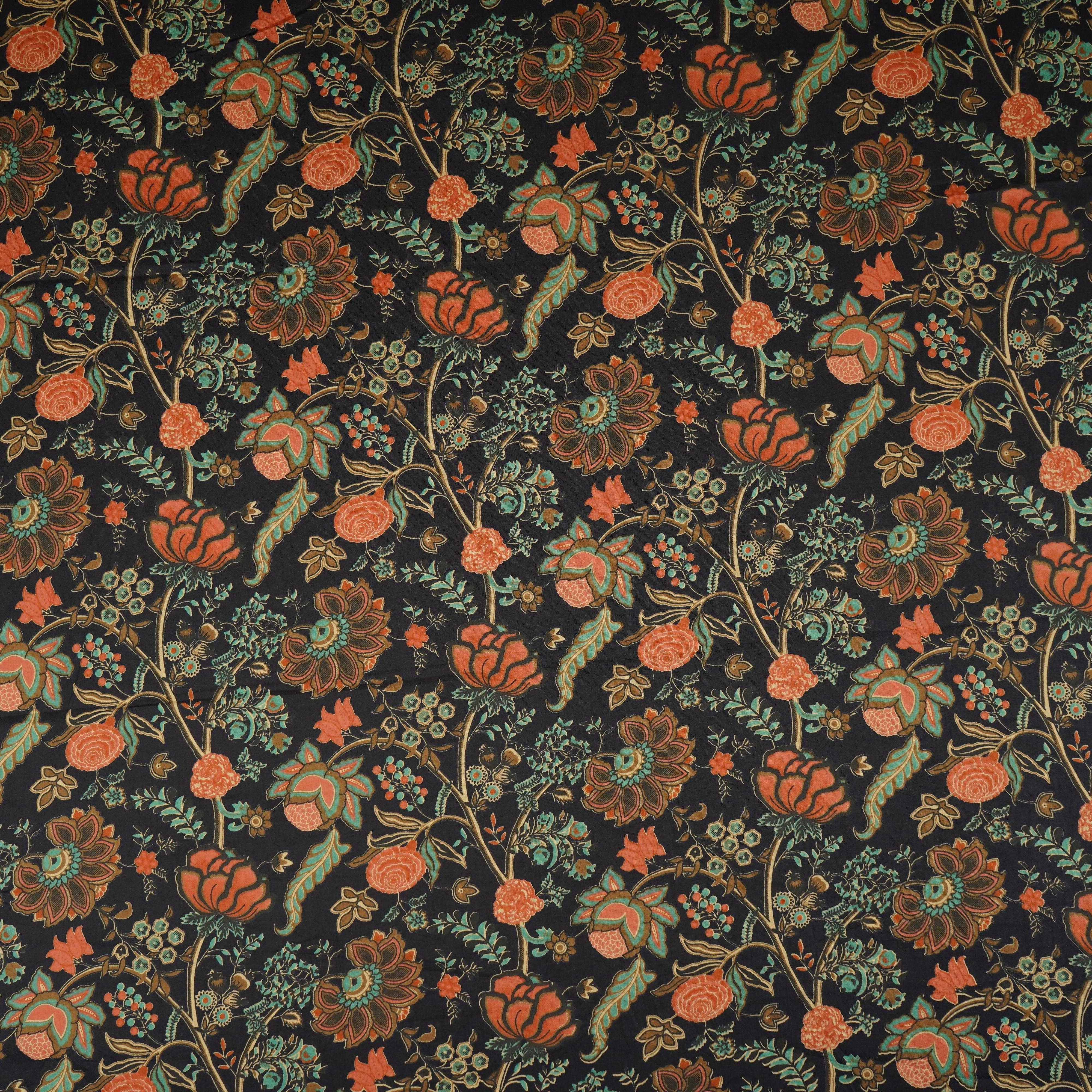 Black Chintz Floral Print Cotton Fabric OG-30332 - TradeUNO
