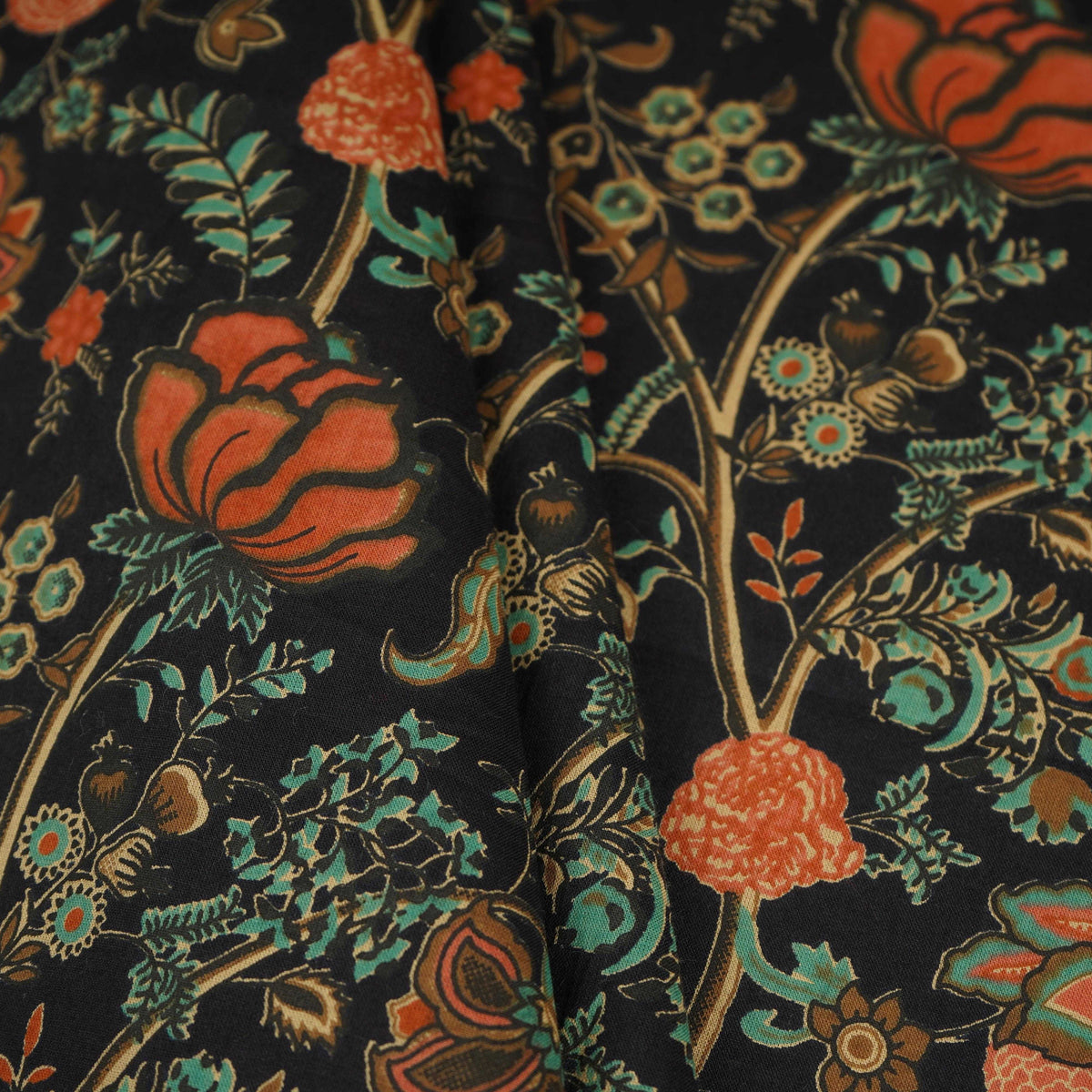 Black Chintz Floral Print Cotton Fabric OG-30332 - TradeUNO