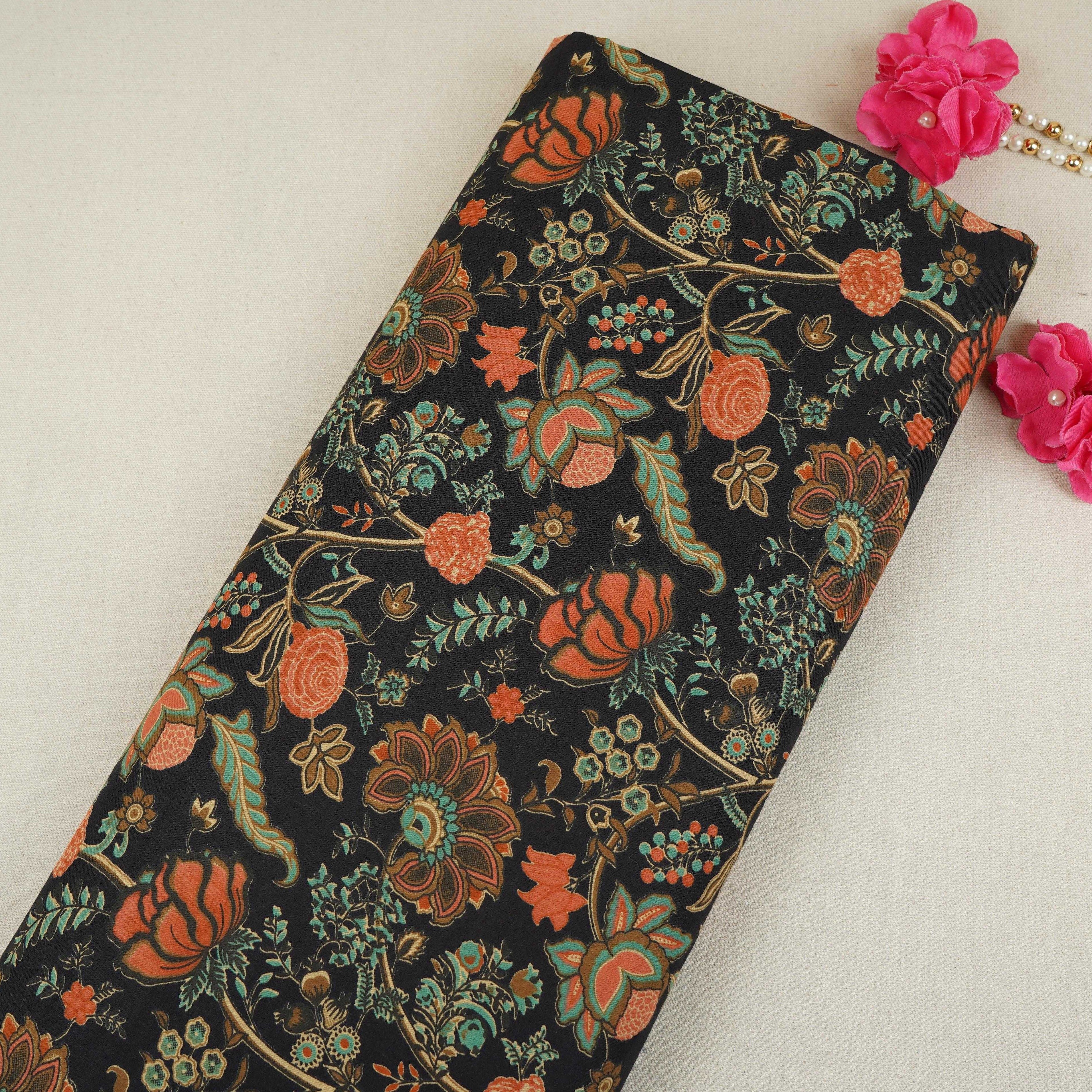 Black Chintz Floral Print Cotton Fabric OG-30332 - TradeUNO