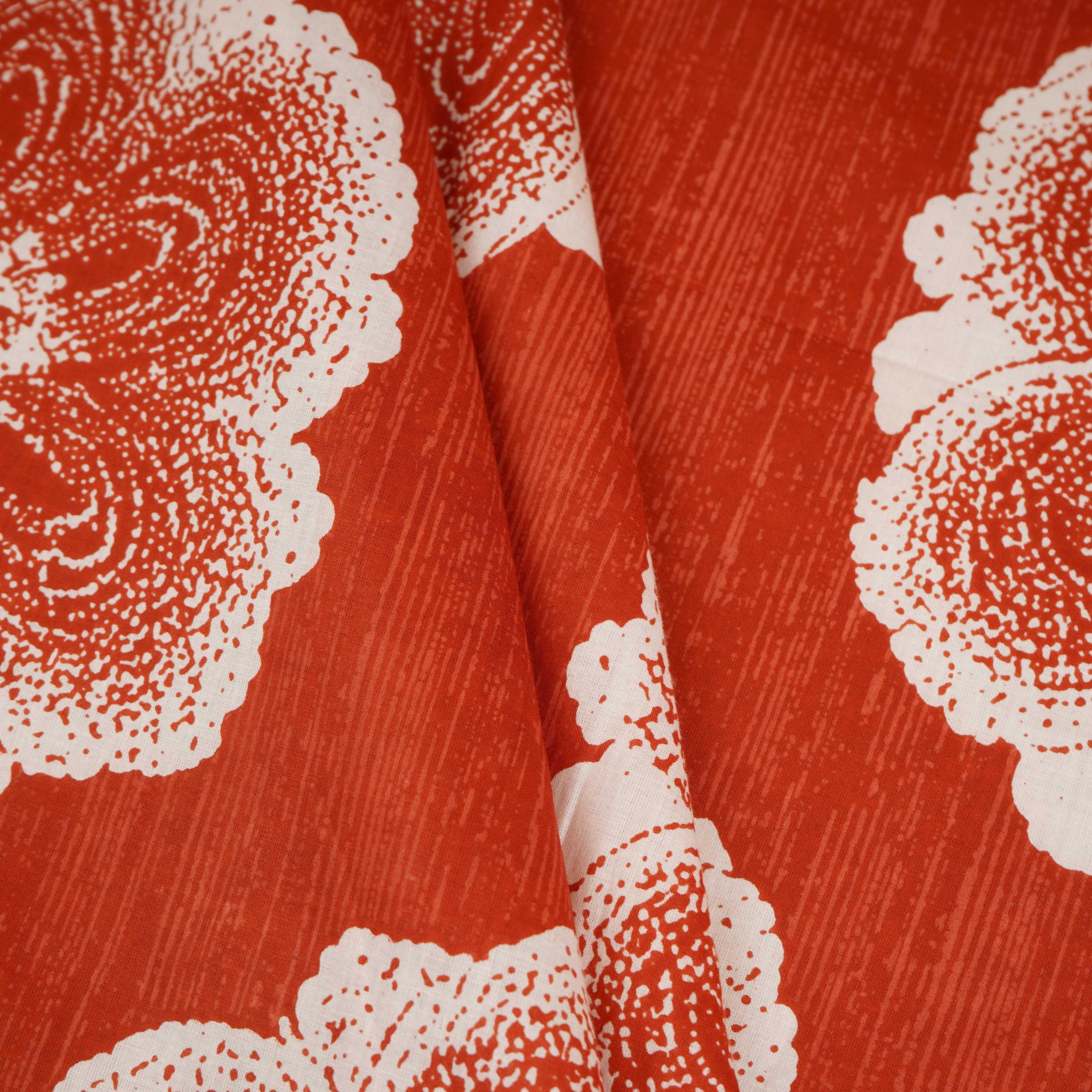 Orange & White Floral Applique Print Cotton Fabric OG-30417 - TradeUNO
