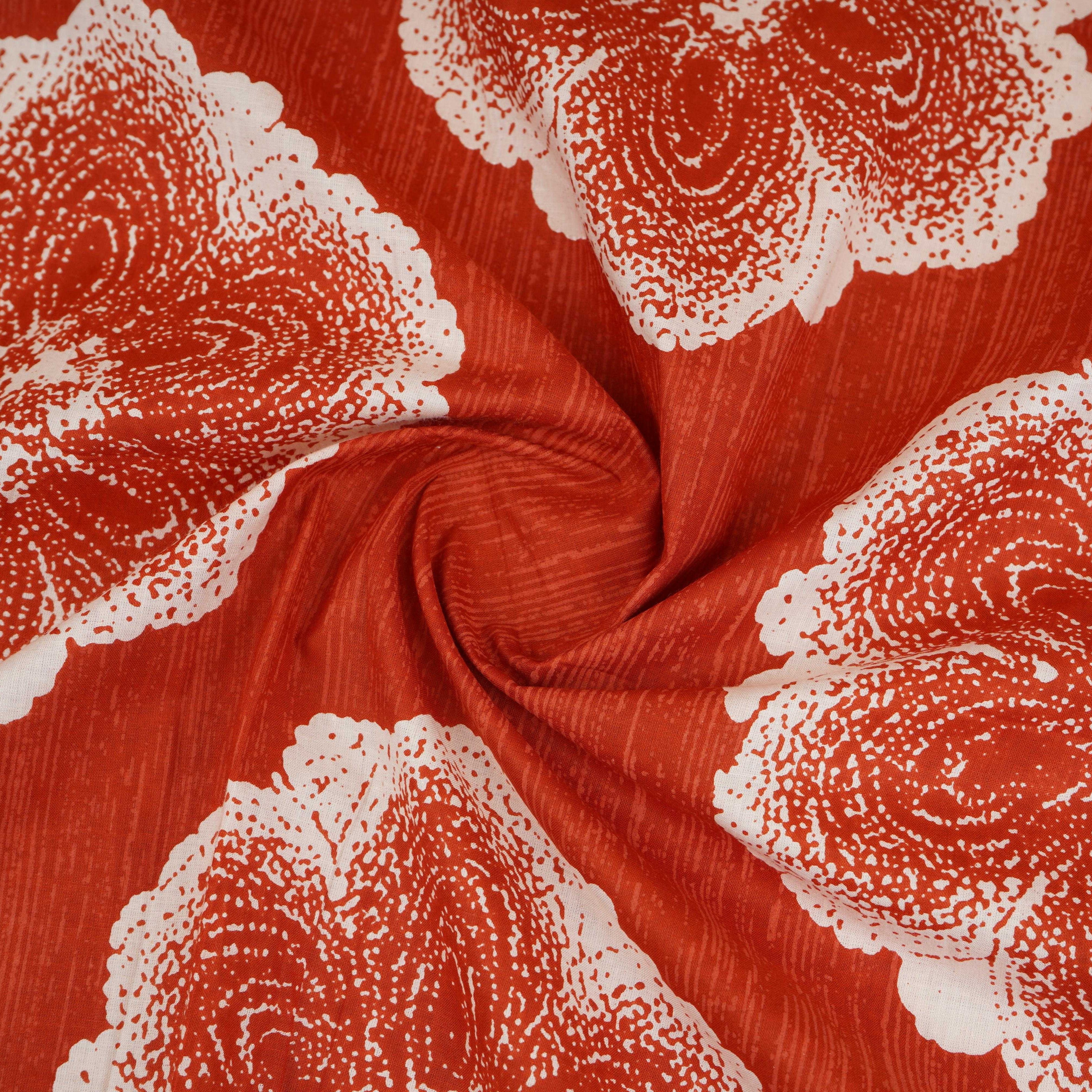 Orange & White Floral Applique Print Cotton Fabric OG-30417 - TradeUNO
