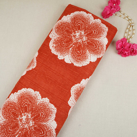 Orange & White Floral Applique Print Cotton Fabric OG-30417