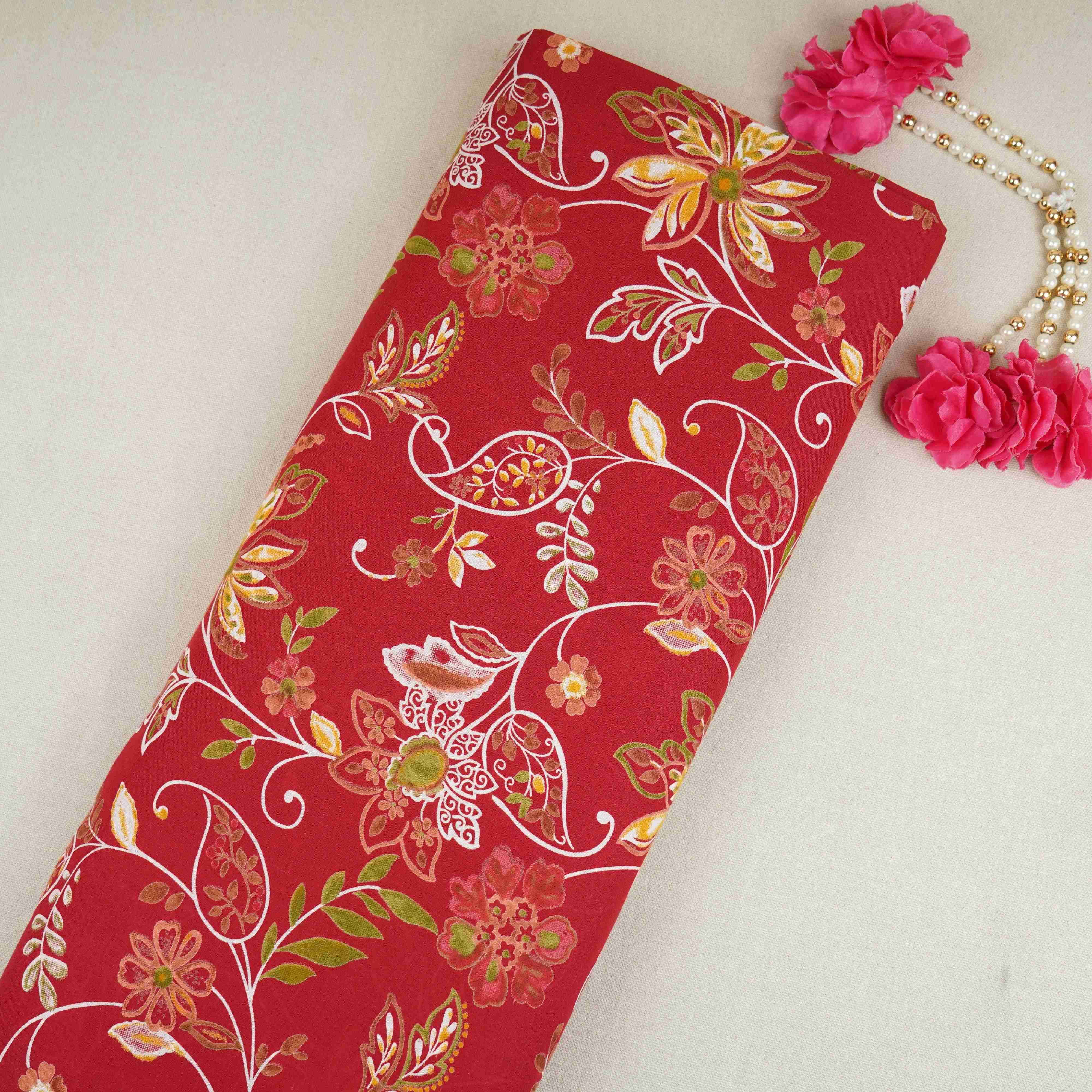 Red Floral Print Cotton Fabric OG-30411 - TradeUNO