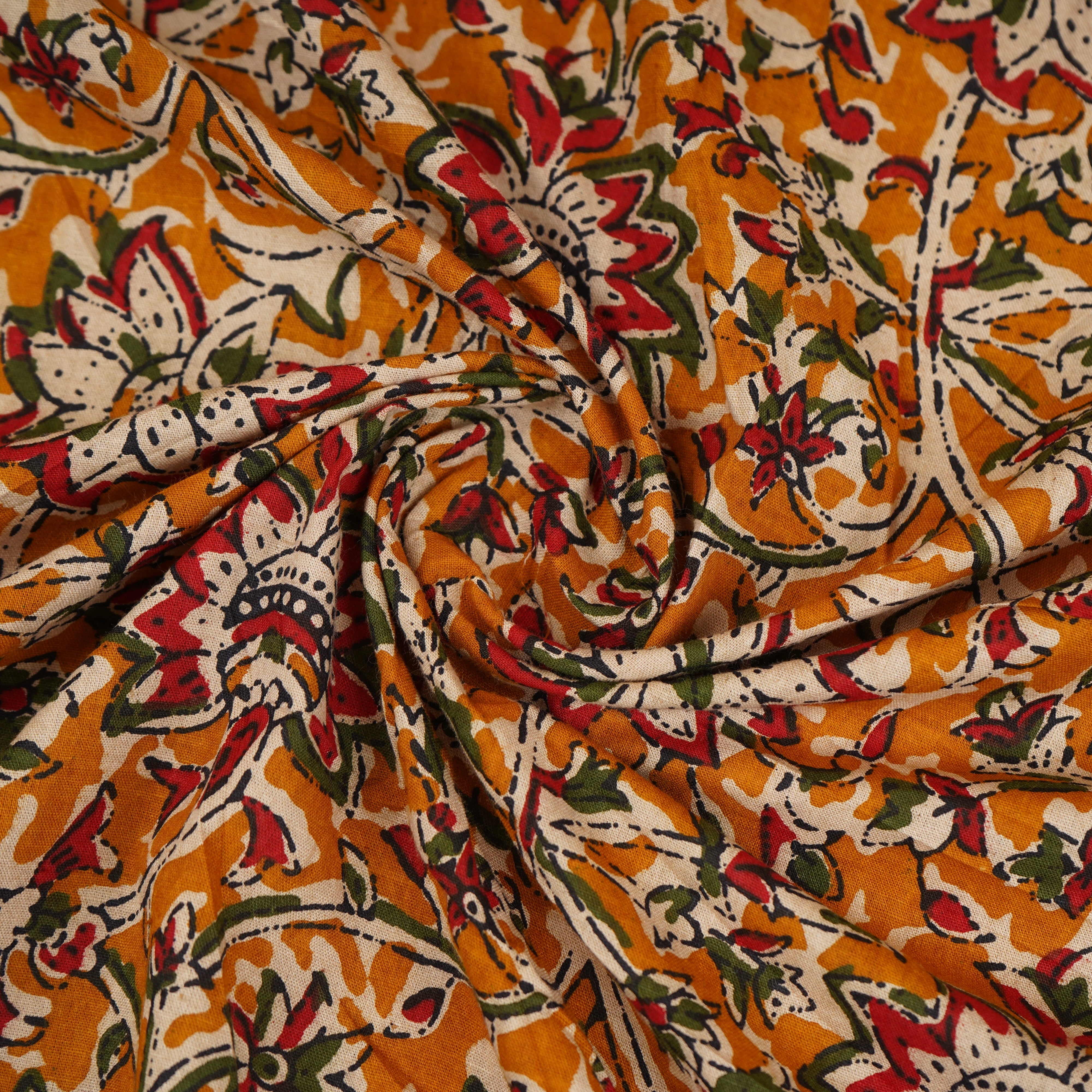 Yellow Kalamkari Print Cotton Fabric OG-30303 - TradeUNO