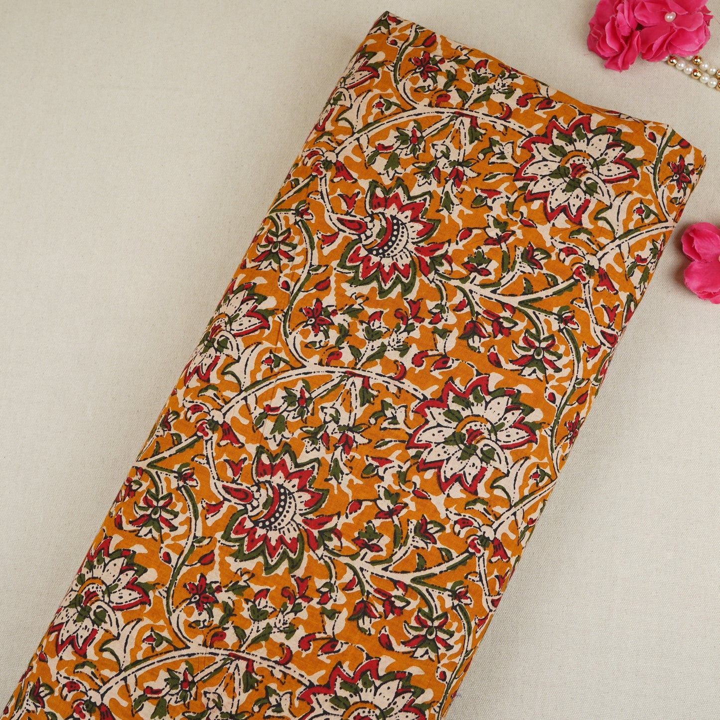 Yellow Kalamkari Print Cotton Fabric OG-30303