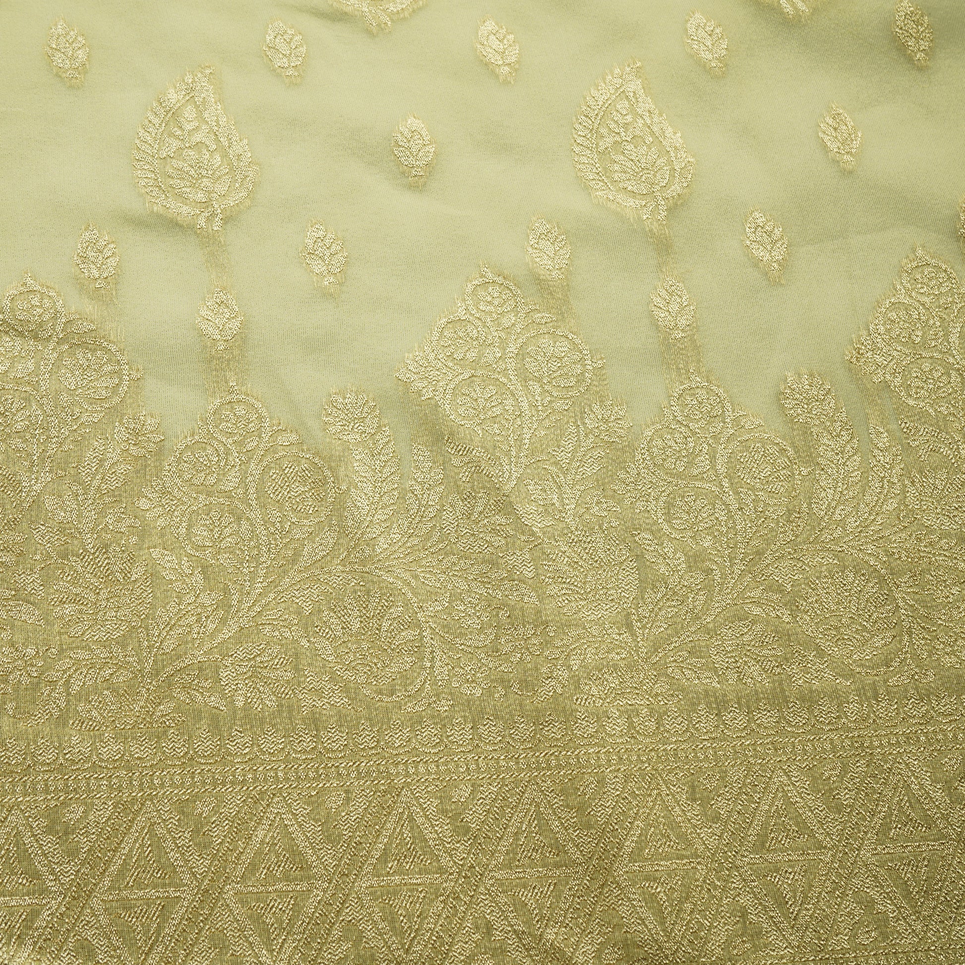 Gold Zari Paisley Border Work Tissue Organza Fabric