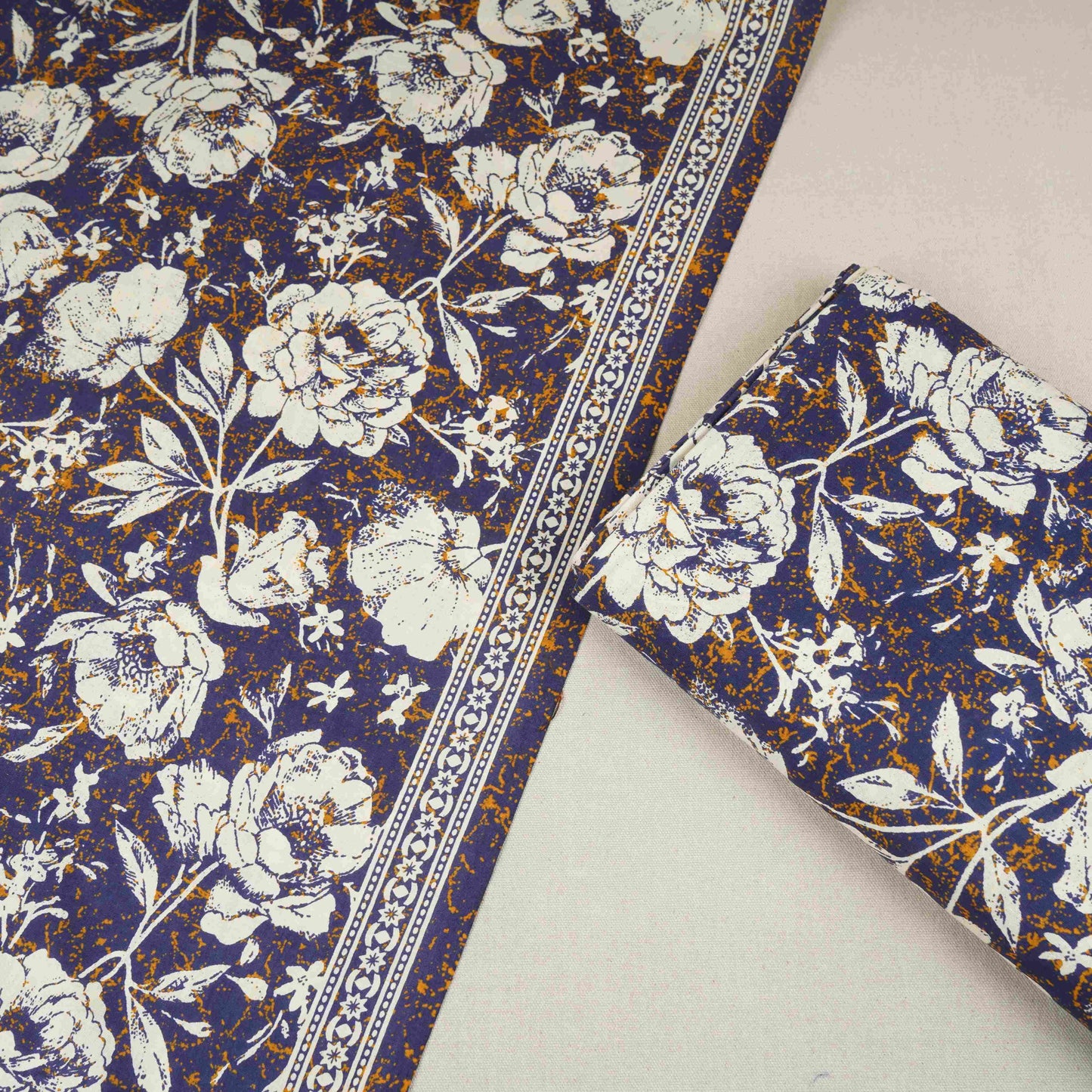 Navy Blue & White Floral Print Cotton Fabric OG-30314