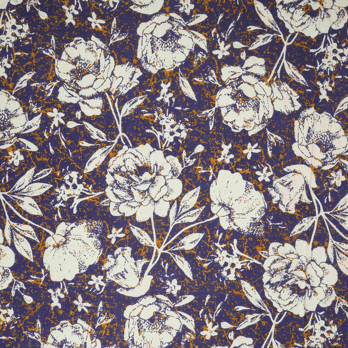 Navy Blue & White Floral Print Cotton Fabric OG-30314