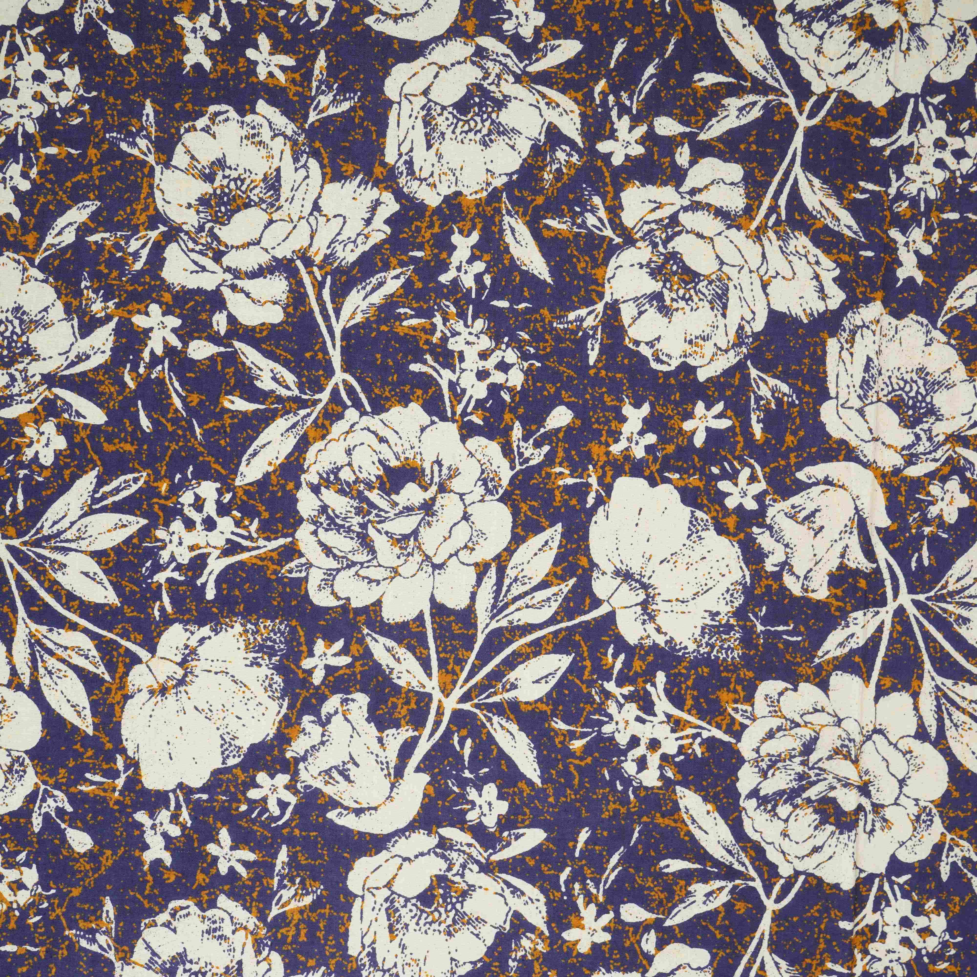 Navy Blue & White Floral Print Cotton Fabric OG-30314 - TradeUNO