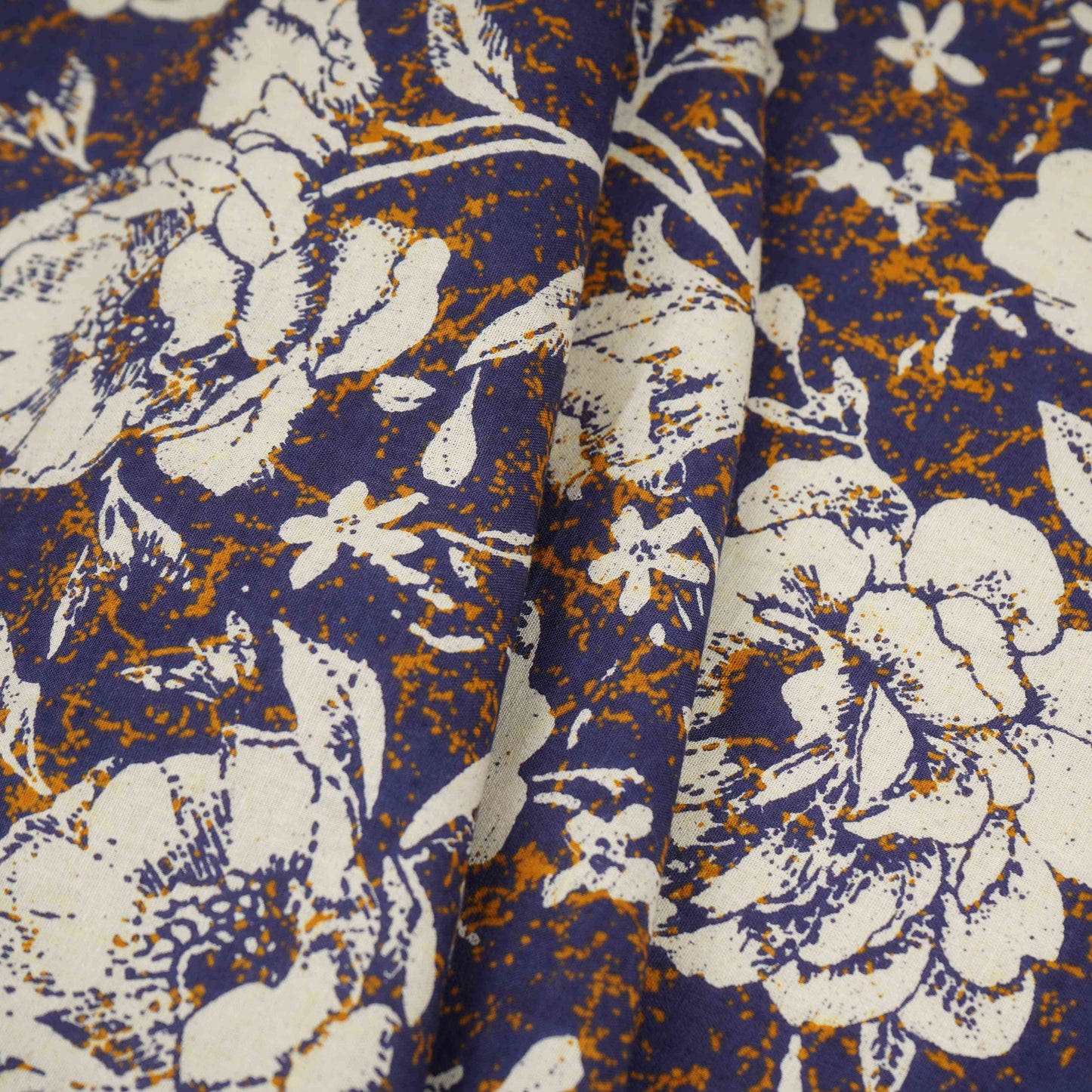 Navy Blue & White Floral Print Cotton Fabric OG-30314
