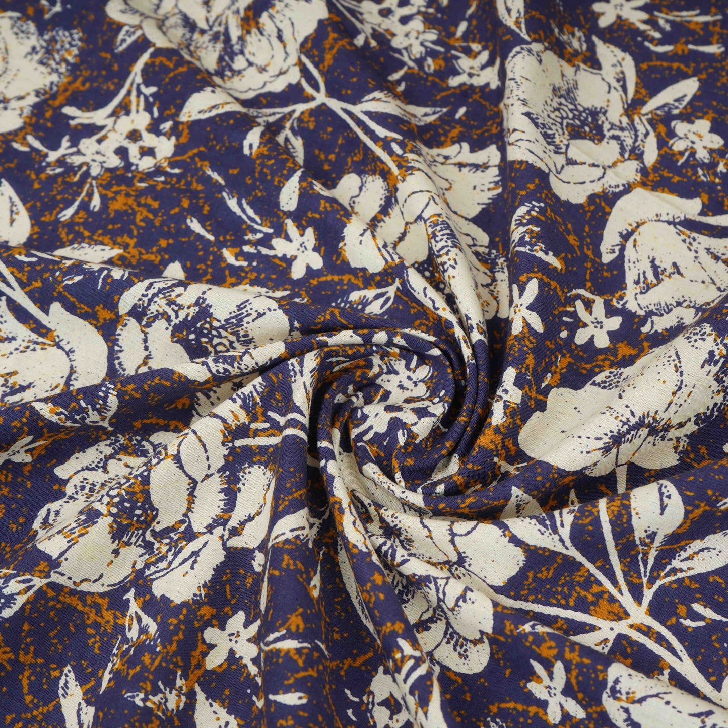 Navy Blue & White Floral Print Cotton Fabric OG-30314