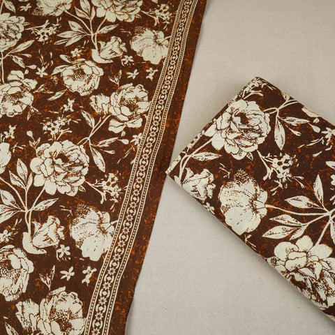 Brown & White Floral Print Cotton Fabric OG-30312