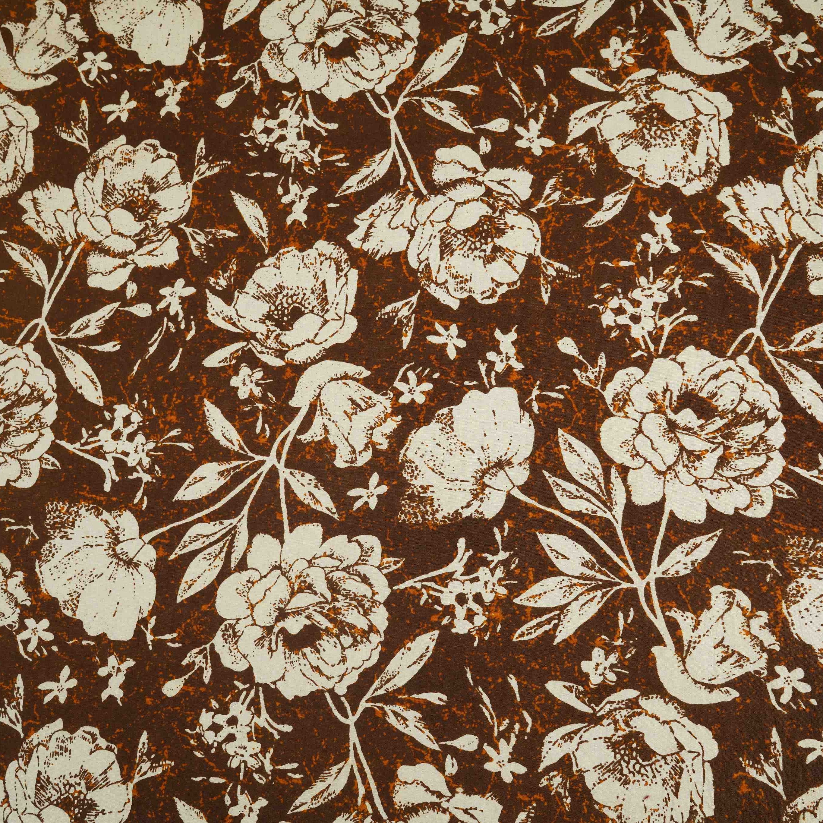 Brown & White Floral Print Cotton Fabric OG-30312 - TradeUNO