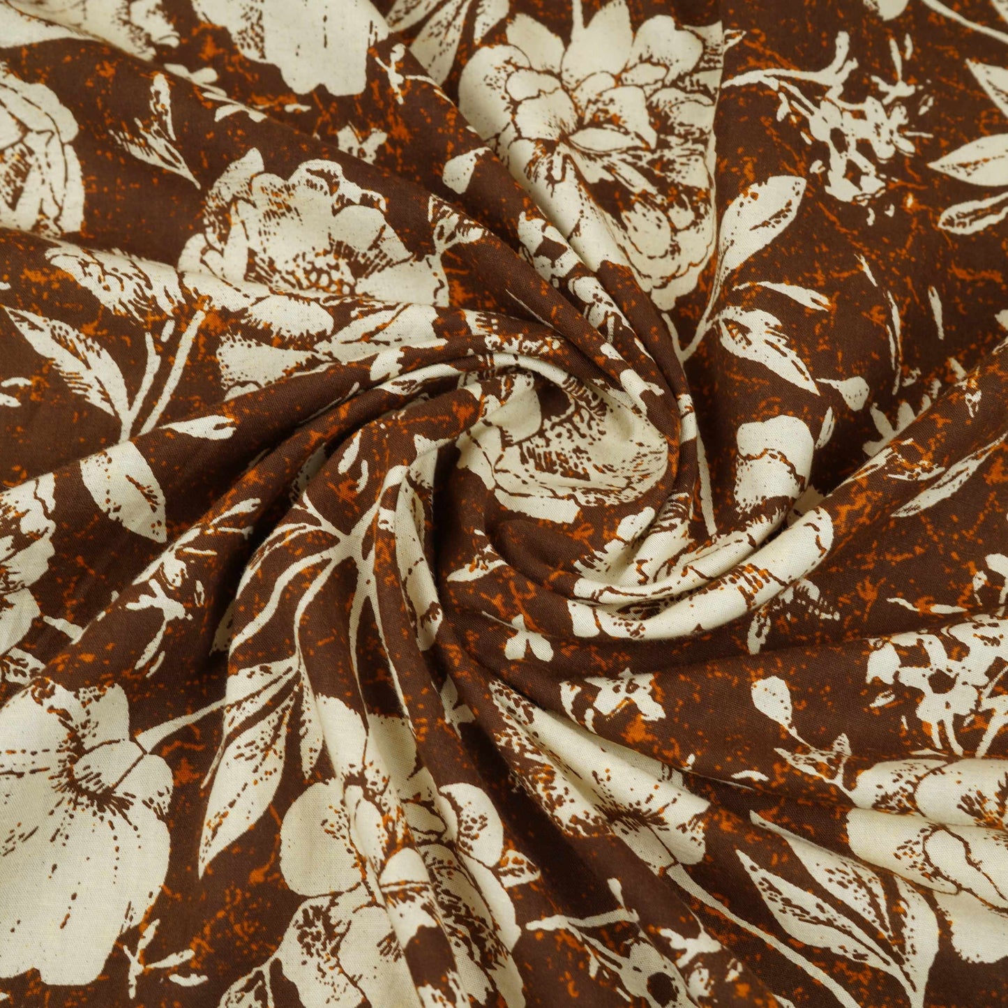 Brown & White Floral Print Cotton Fabric OG-30312