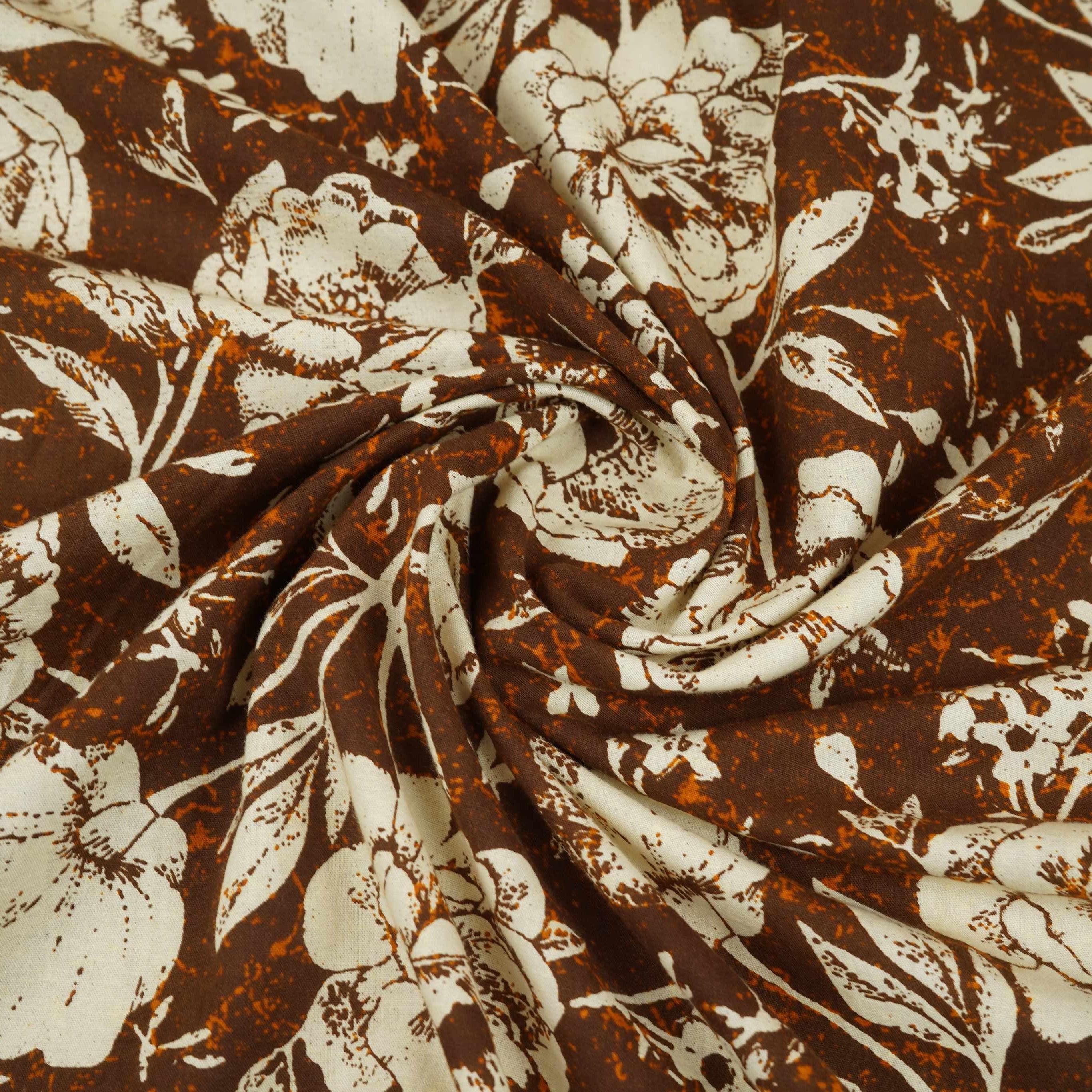 Brown & White Floral Print Cotton Fabric OG-30312 - TradeUNO