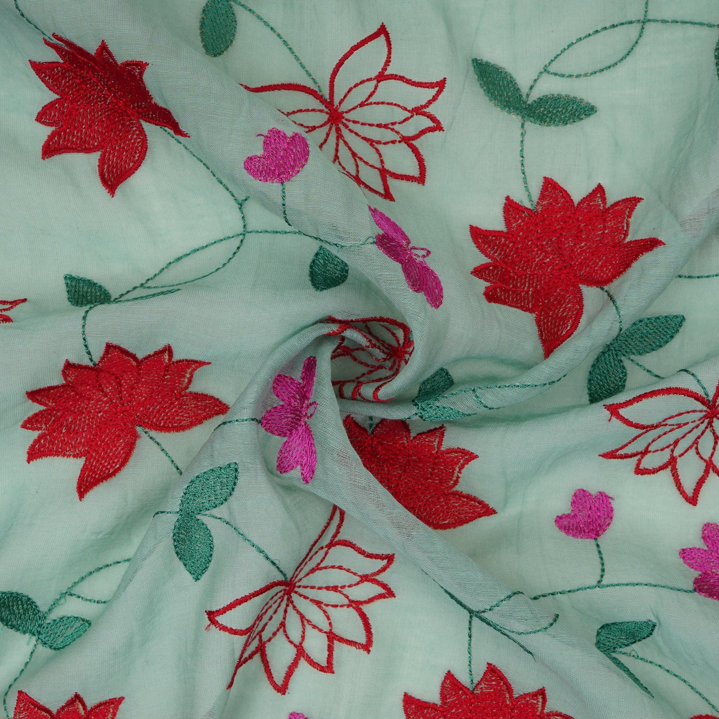 Sea Green floral jaal embroidery Malai Chanderi Fabric SNTF-32231