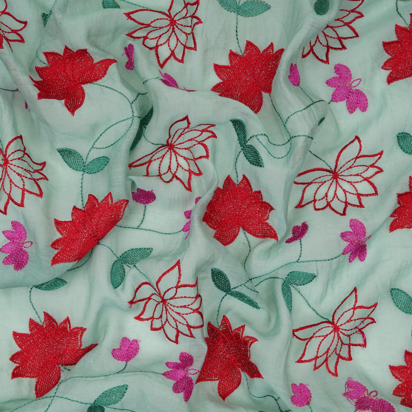 Sea Green floral jaal embroidery Malai Chanderi Fabric SNTF-32231