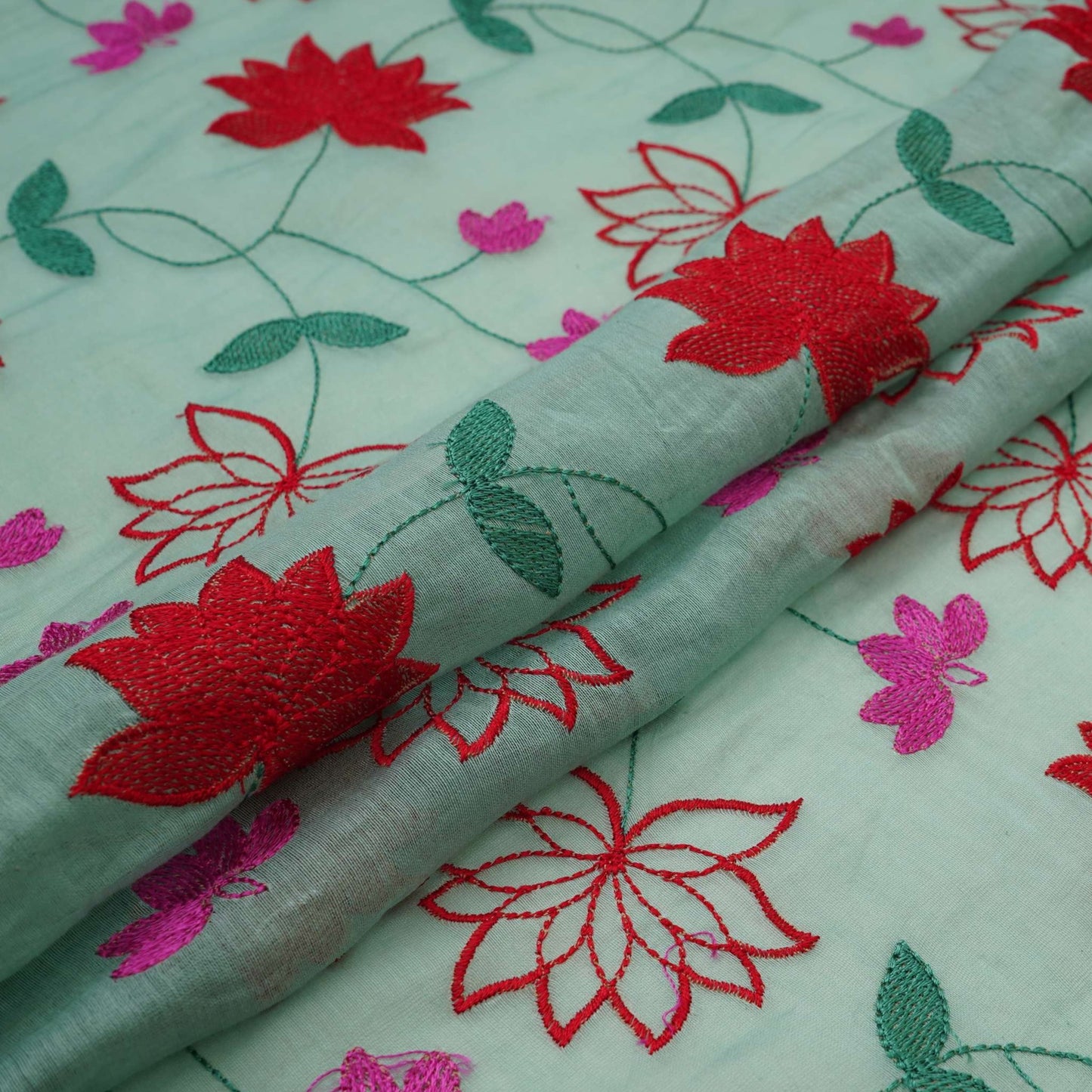 Sea Green floral jaal embroidery Malai Chanderi Fabric SNTF-32231