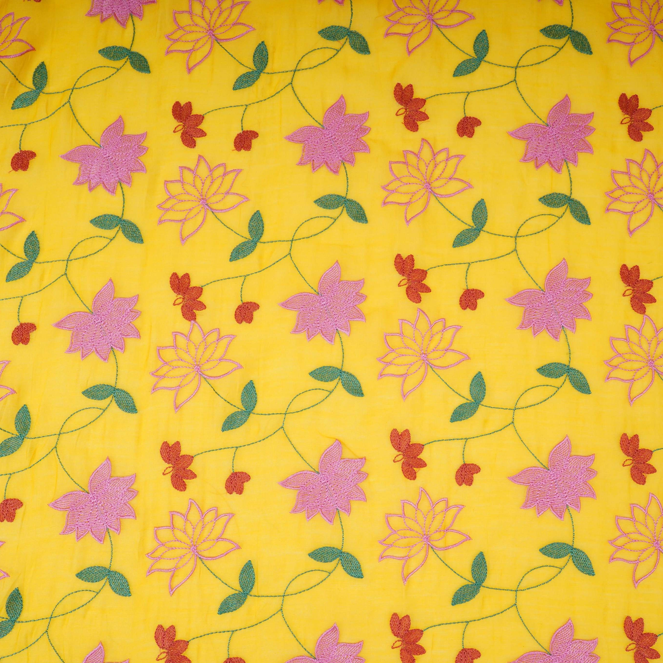Mustard Yellow floral jaal embroidery Malai Chanderi Fabric SNTF-32227 - TradeUNO