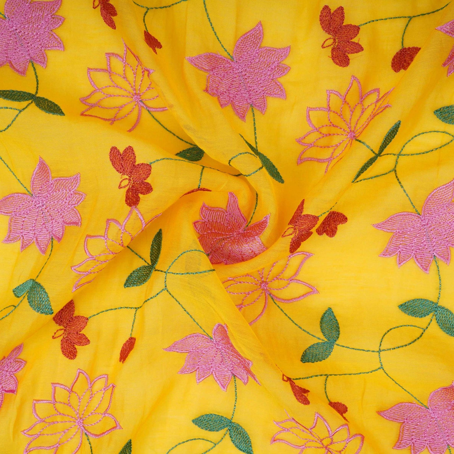 Mustard Yellow floral jaal embroidery Malai Chanderi Fabric SNTF-32227