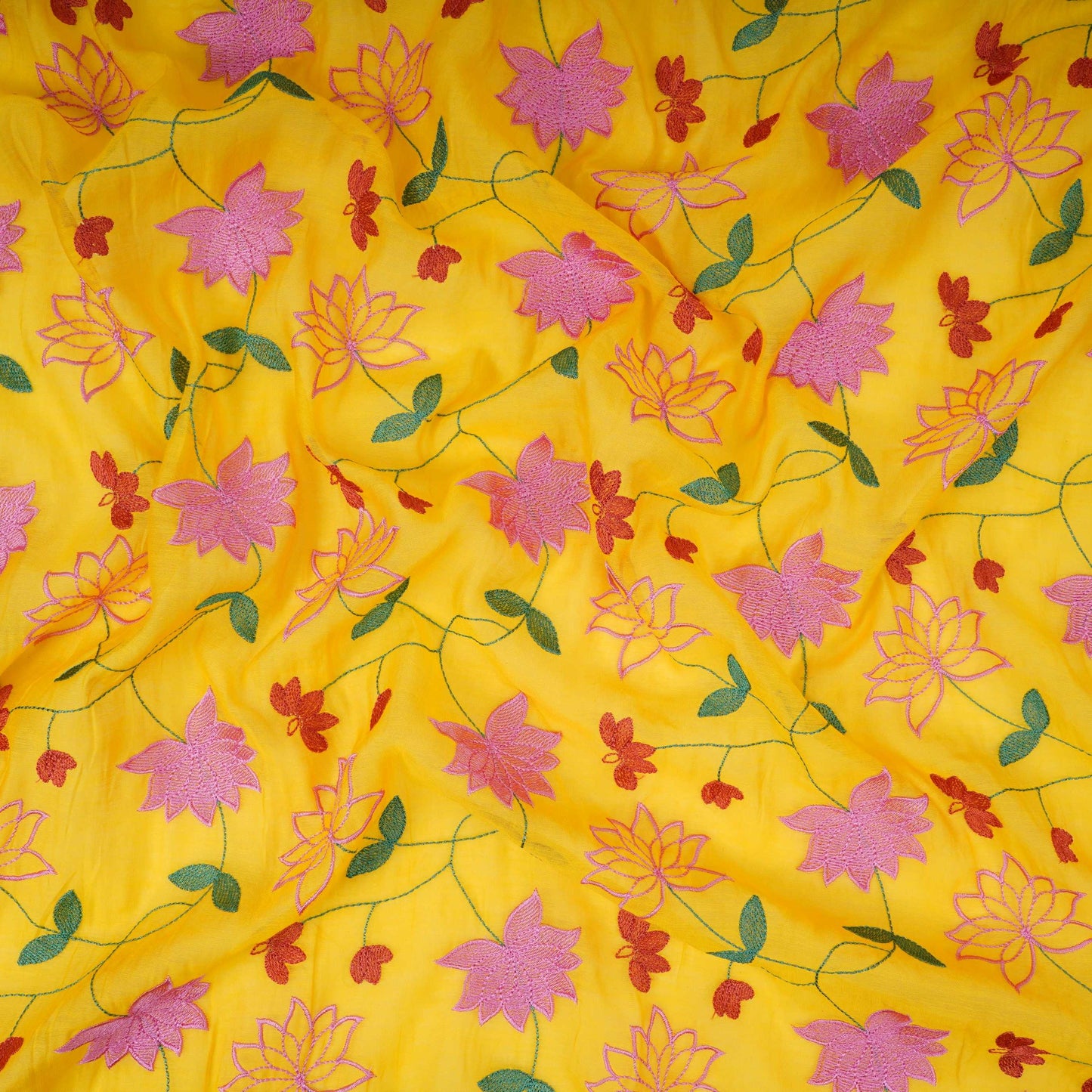 Mustard Yellow floral jaal embroidery Malai Chanderi Fabric SNTF-32227