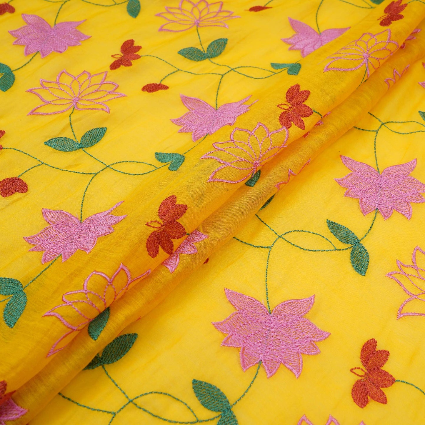 Mustard Yellow floral jaal embroidery Malai Chanderi Fabric SNTF-32227